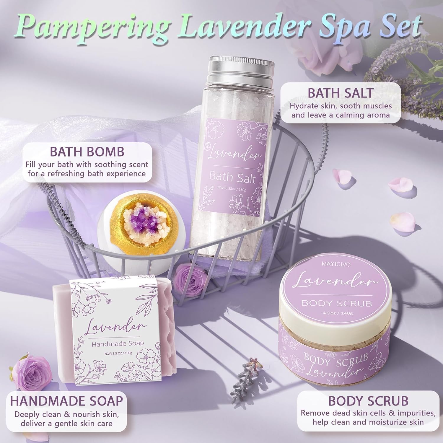 Spa Gifts for Women Bath Gift Set, Lavender Relaxing Spa Gift Baskets Home Bath Set Self Care Kit Care Package Thank You Birthday Mothers Day Easter Gifts for Women Mom Friends Sister Teen Girl Wife