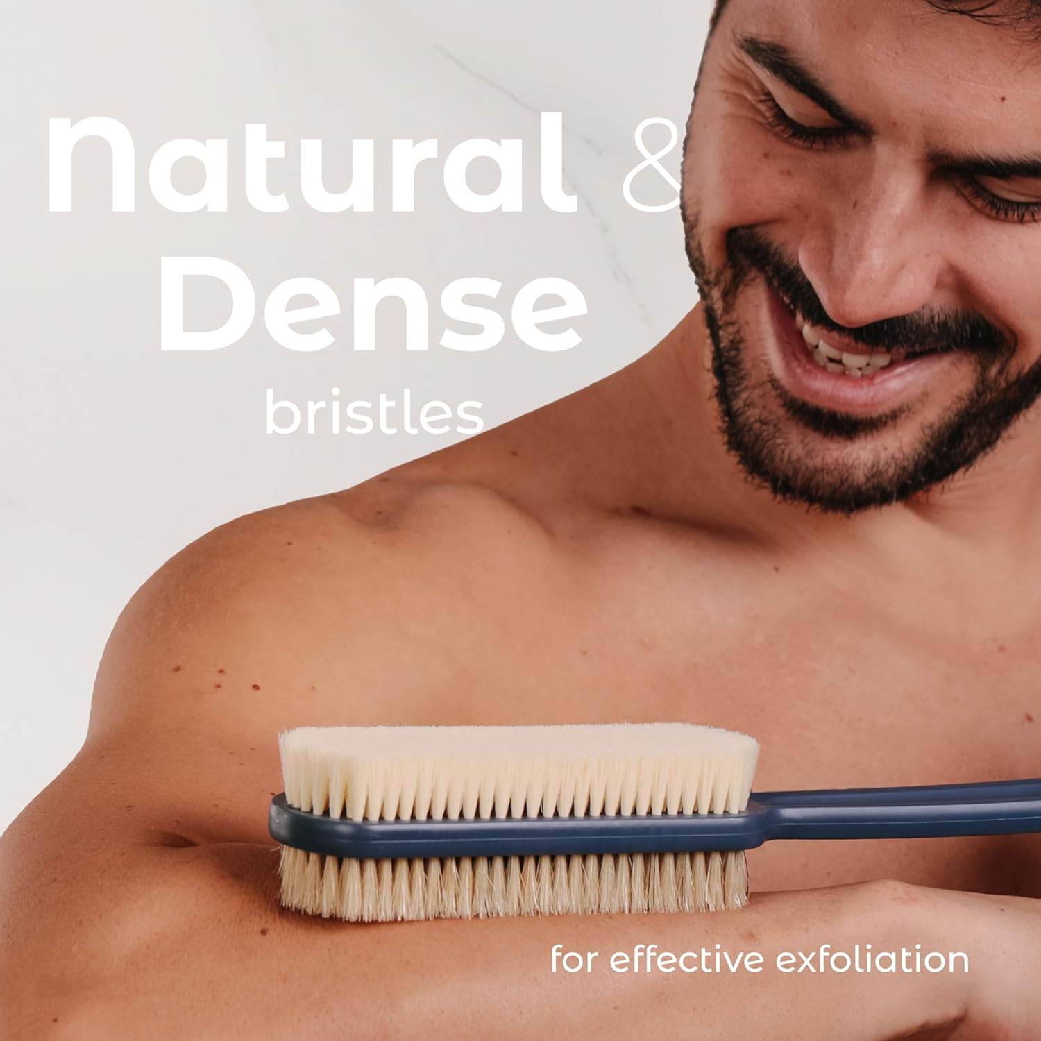 MainBasics Back Scrubber for Shower, Long Handle Body Brush, 15.75 Inch | Dual-Sided Exfoliating and Soft Bristles