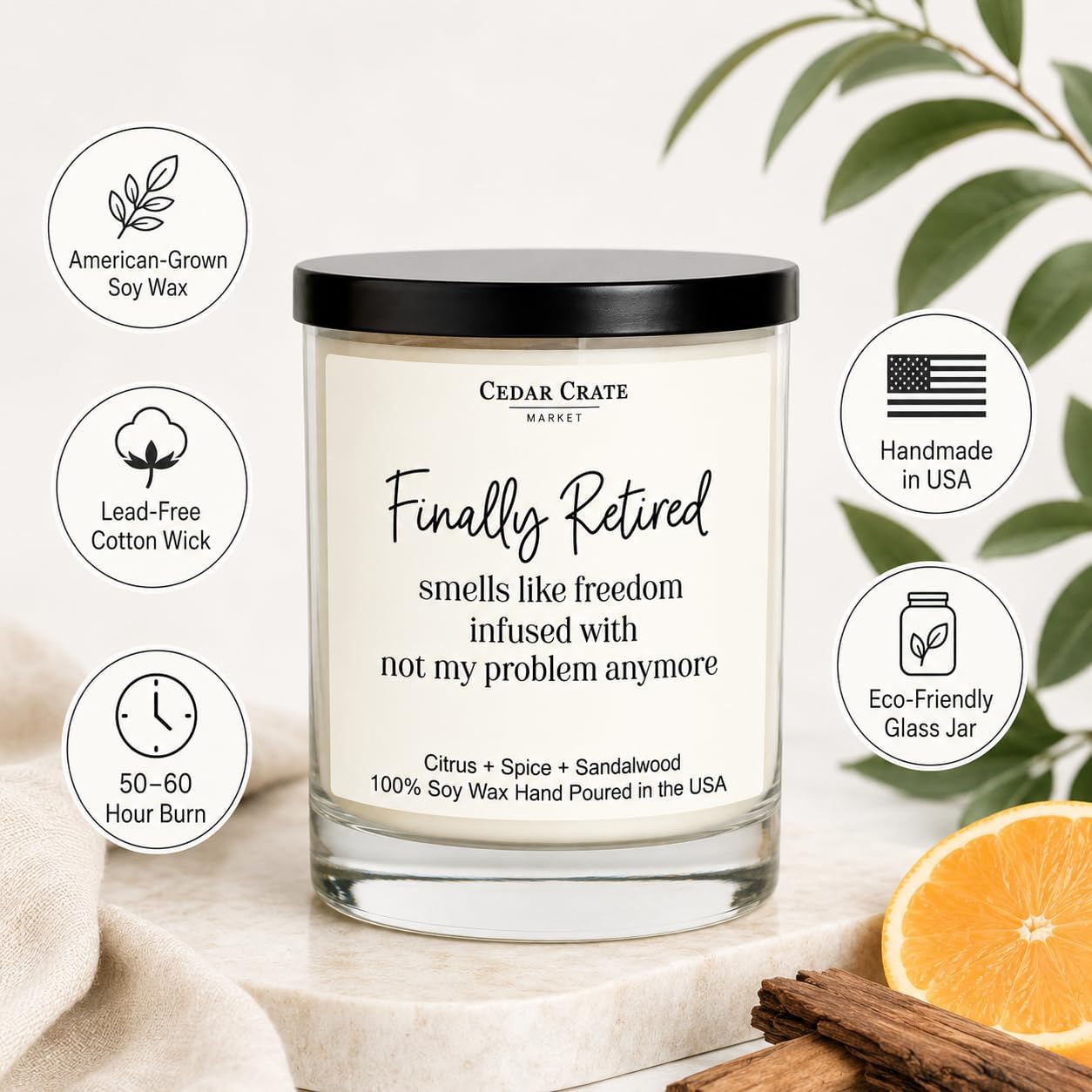 Cedar Crate Market - Retirement Gift for Woman, Men - Finally Retired Soy Wax Candle,Caribbean Retreat Scented, 60 Hours Burn, Eco-Friendly Glass Jar, Farewell Presents for Coworkers - Made in USA