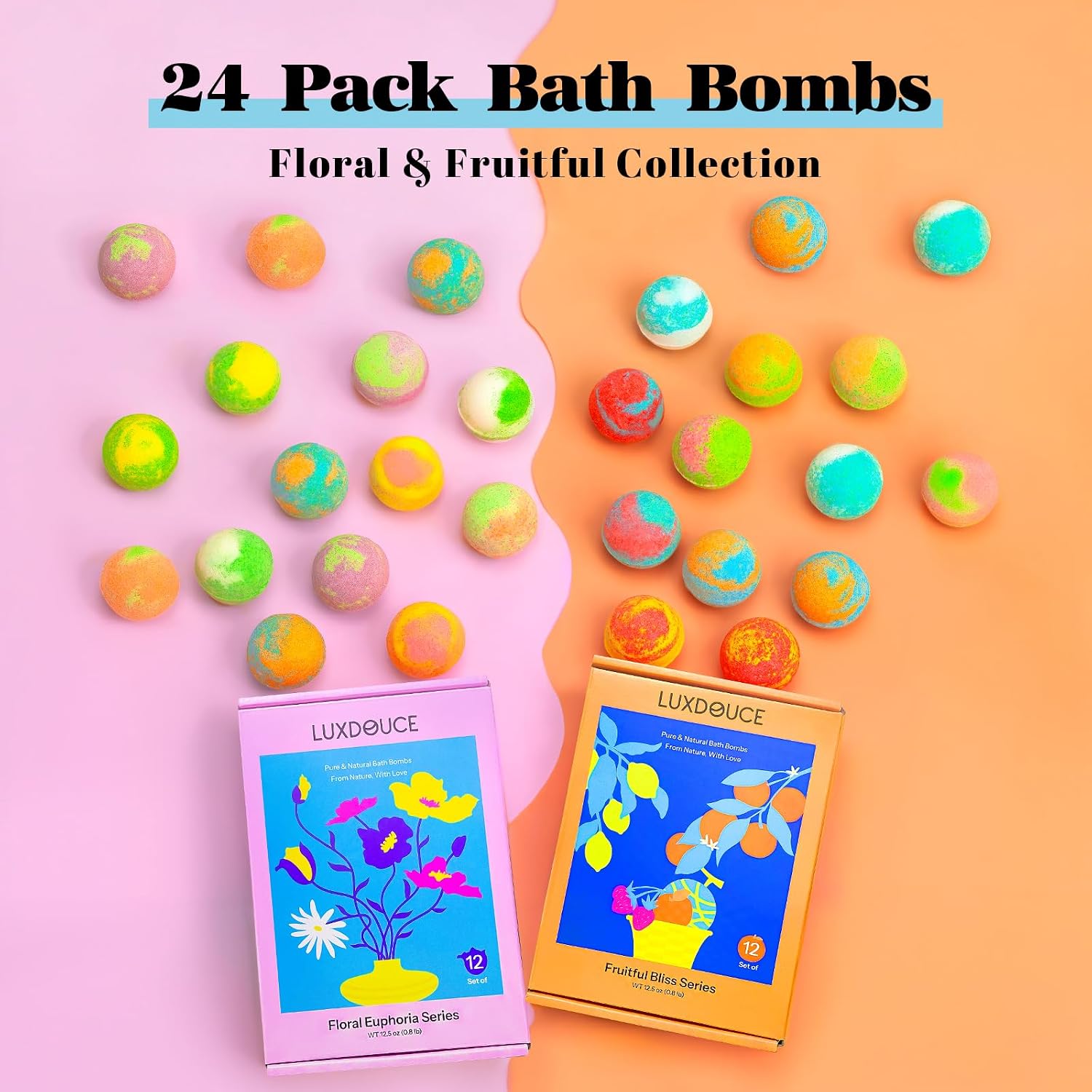 Bath Bombs Gift Se, 24 Pack Bubble Bombs with 12 Unique Scents, Floral & Fruity Collections, Skin-Soothing & Mood-Enhancing, Spa Gifts for Women, Wife, Stress Relief & Relaxation