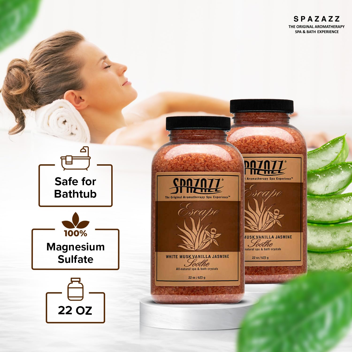 Spazzaz Escape Hot Tub & Spa Bath Salt Aromatherapy Crystals – 22oz White Musk Vanilla Jasmine Scented Bath Salts – Mineral Soaking Salts for Relaxing Bath Experience