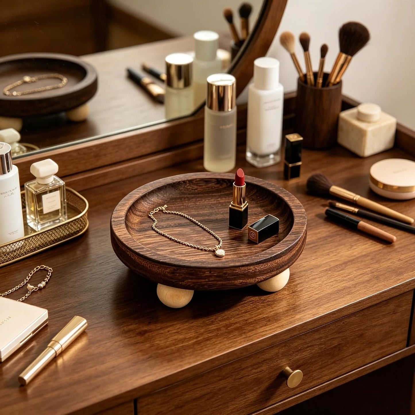 Round Wooden Jewelry Tray with Elevated Ball Feet, Rustic Trinket Ring Dish for Vanity, Keys Candles Small Decor Storage Organizer (Brown-Round)