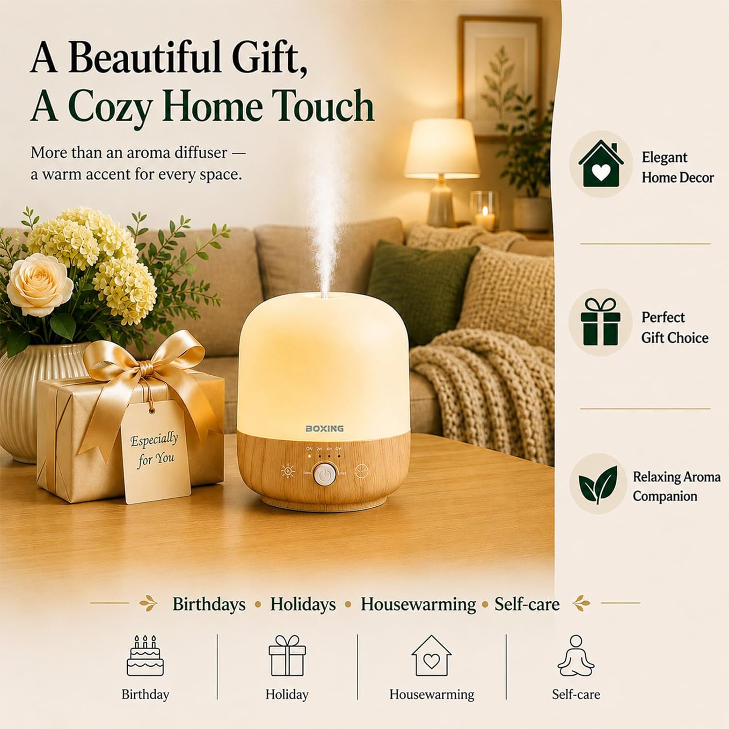 Essential Oil Diffuser 300ML for Bedroom & Large Room, Up to 24 Hours Runtime, Aromatherapy Diffuser with Auto Shut-Off, 28dB Whisper Quiet, 7 Color Night Light, Wood Grain Diffuser by BOXING