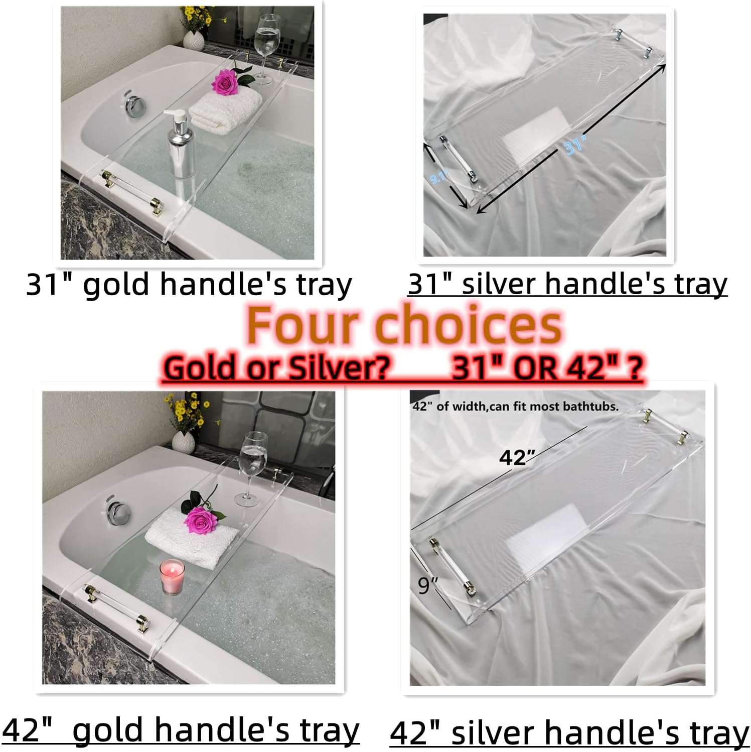 Bath Tub Tray,Clear Bathtub Tray for Luxury Bathroom – Waterproof Bath Caddy with Sleek Surface –No Assembly– Easy Cleaning Bathtub Organizer for Spa Relaxation (31")