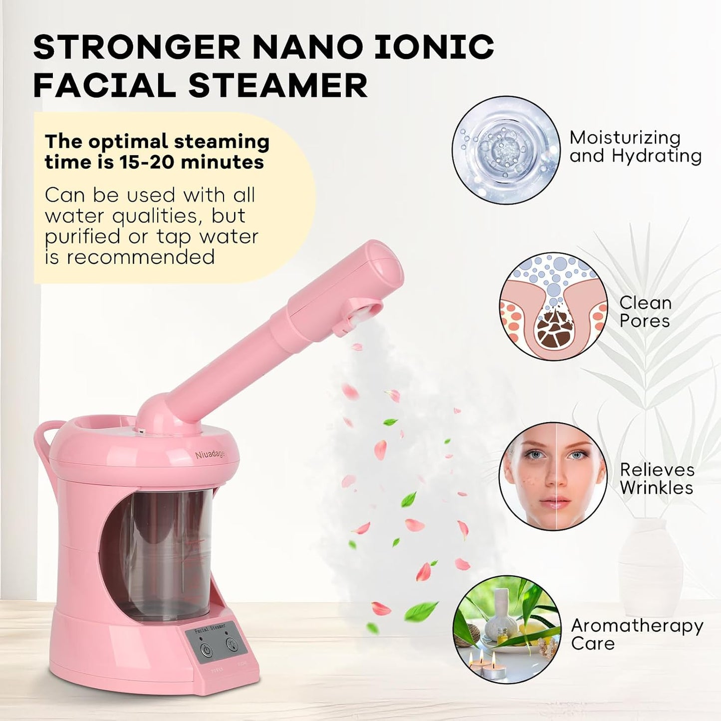 Facial Steamer Nano Ionic Face Steamer with Extendable Arm, Portable Face Steamer for Facial Deep Cleaning, Steamer for Facial for Personal Care at Home or Salon（Pink）