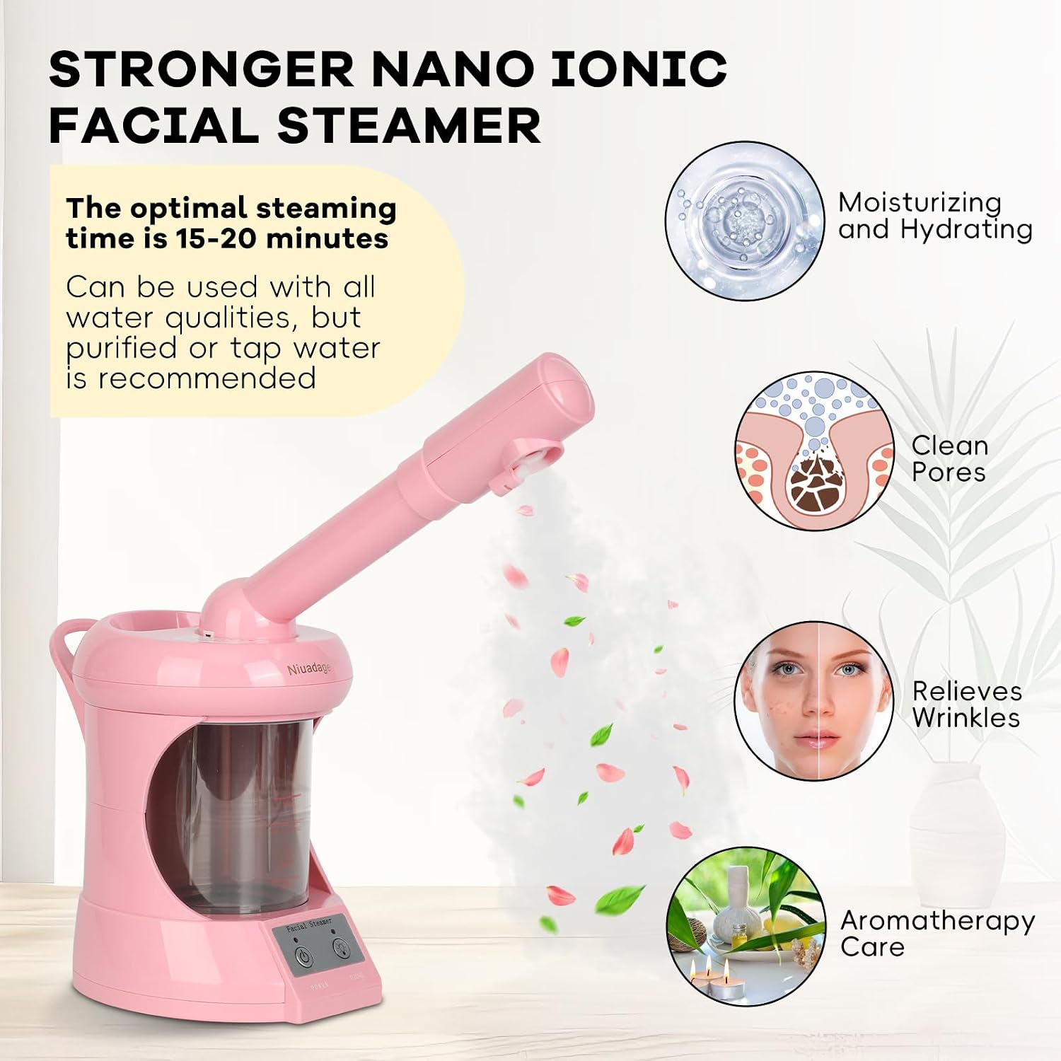 Facial Steamer Nano Ionic Face Steamer with Extendable Arm, Portable Face Steamer for Facial Deep Cleaning, Steamer for Facial for Personal Care at Home or Salon（Pink）