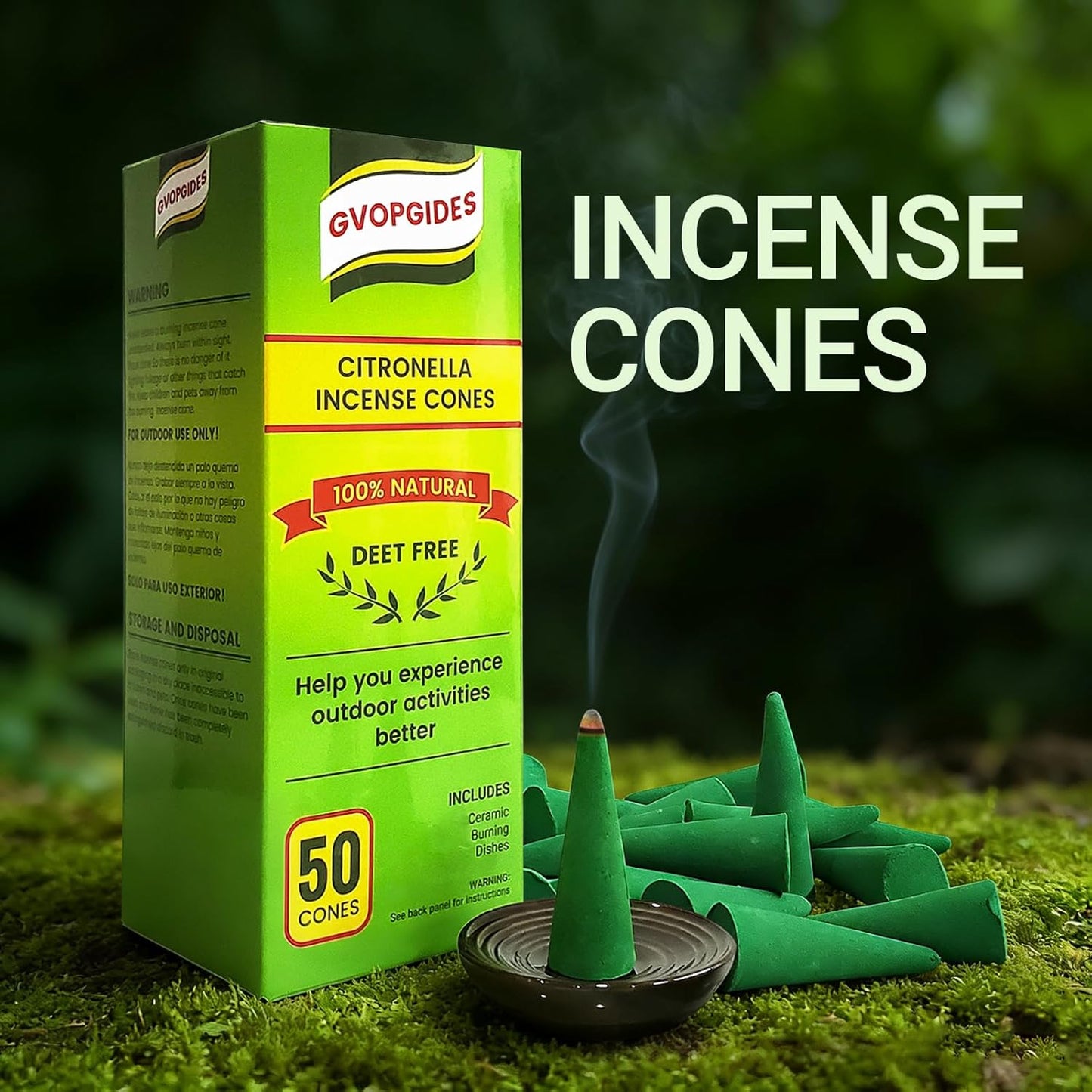 Citronella Incense Cones (50 Cones) Made with Plant Based Ingredients/Citronella Oil/Lemongrass/Rosemary Oil/Includes Ceramic Dishes