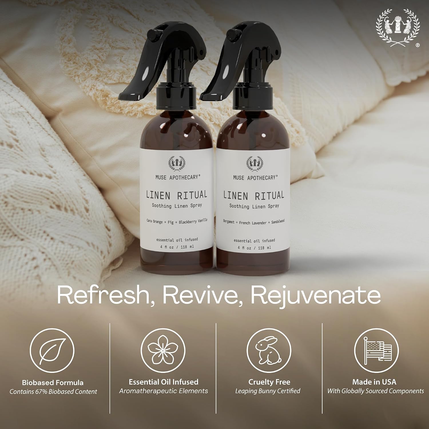 Muse Apothecary Linen Ritual - Aromatic, Soothing, and Relaxing Linen Mist, Laundry and Fabric Spray - Infused with Aromatherapy Essential Oils - 8 oz, Cara Orange + Fig + Blackberry Vanilla, 2 Pack