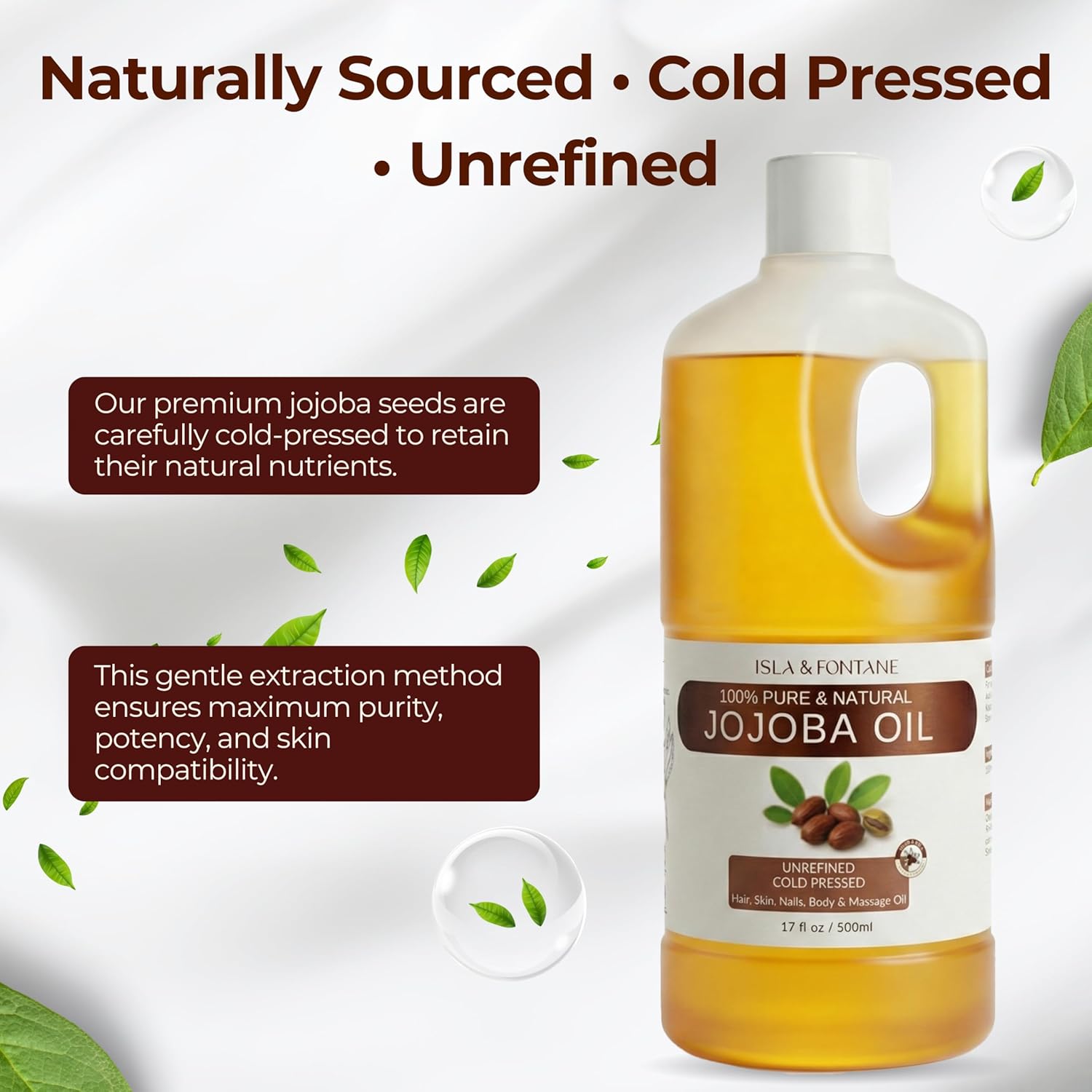 100% Pure & Natural Jojoba Oil 500ml/17.8 fl oz - Cold Pressed, Unrefined, Hexane Free Carrier Oil for Hair, Face, Body & Nails - Vegan, Non-GMO Moisturizer & Massage Oil