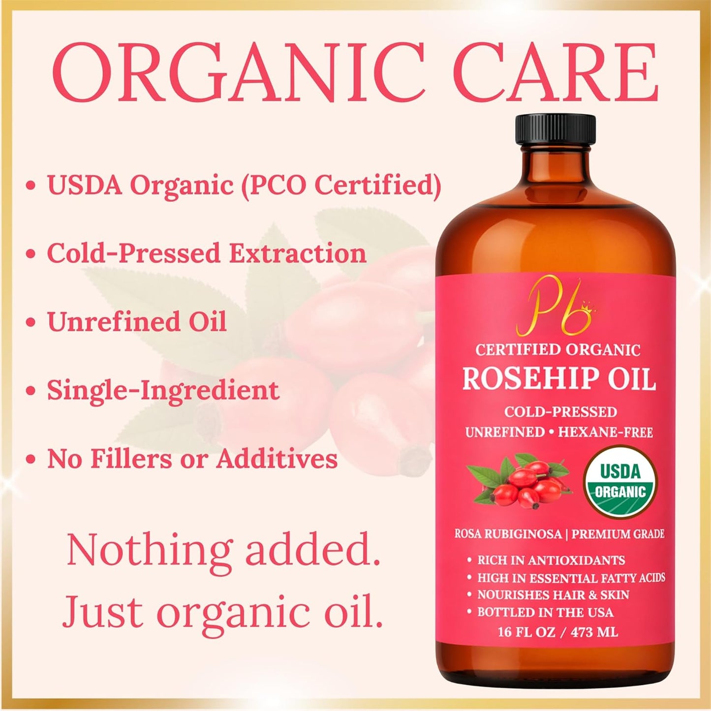 Rosehip Oil – USDA Organic 100% Pure, Cold-Pressed & Unrefined, Rosehip Oil for Face, Skin & Hair– Helps Reduce the Appearance of Fine Lines & Wrinkles – Rose Hip Seed Oil16 fl oz Glass Bottle