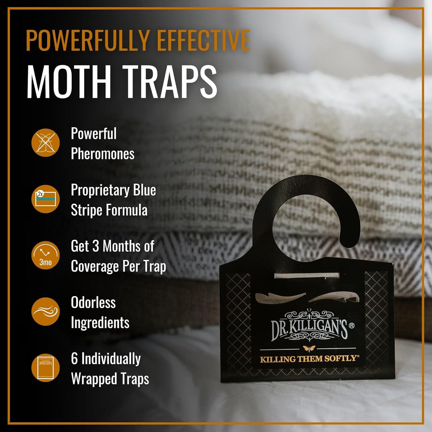 Dr. Killigan's Premium Clothing Moth Traps with Pheromones Prime | Non-Toxic Clothes Moth Trap with Lure for Closets & Carpet | Moth Treatment & Prevention | Case Making & Web Spinning (Black, 6 pack)