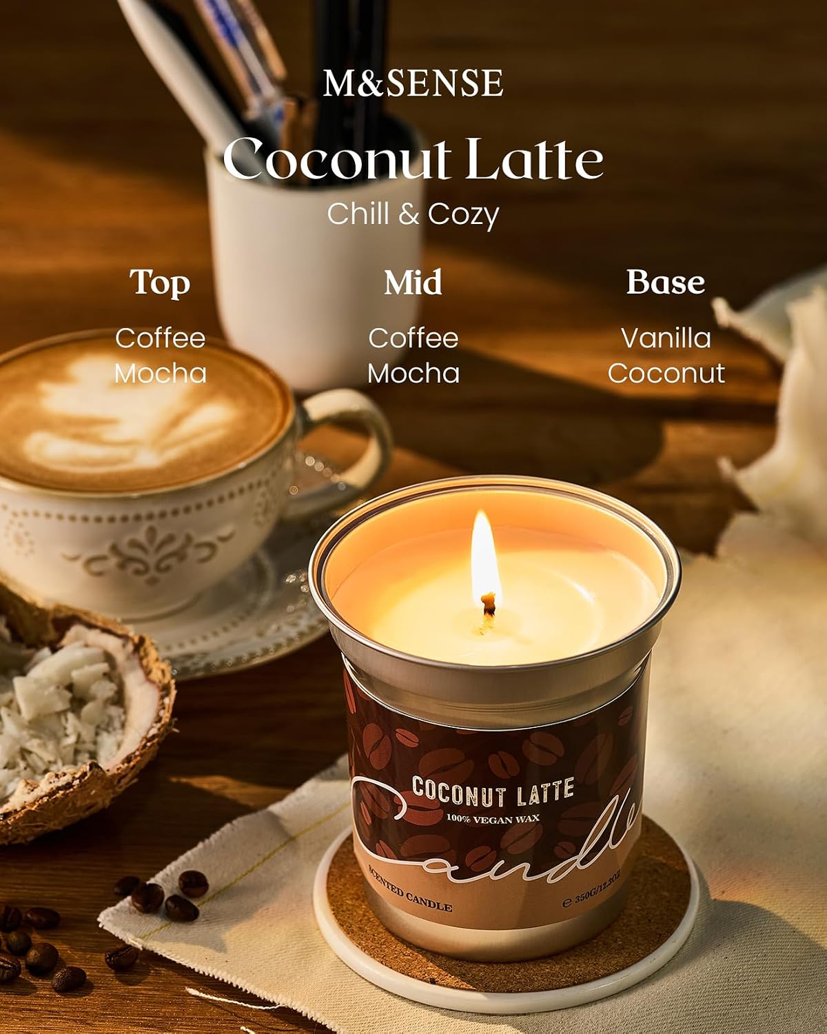 M&SENSE Coconut Latte Scented Candle, Soy Wax 12.3oz | 75 Hours Long Lasting, Clean Burn, Coffee Smelling, Non-Toxic Aromatherapy