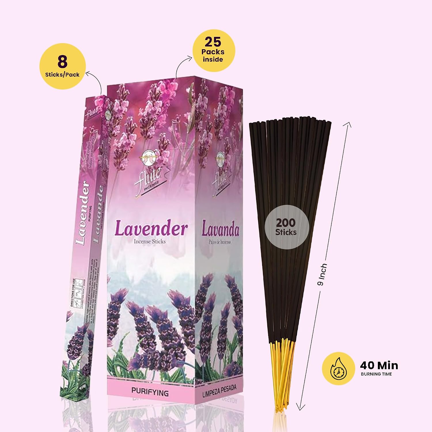Flute Lavender Incense Sticks – Calming Natural Lavender Aroma for Relaxation, Better Sleep & Peaceful Home Ambience – 8 Sticks/Pack, 25 Packs/Box(9 inch - 200 Sticks) | 40 Minutes Burn Time