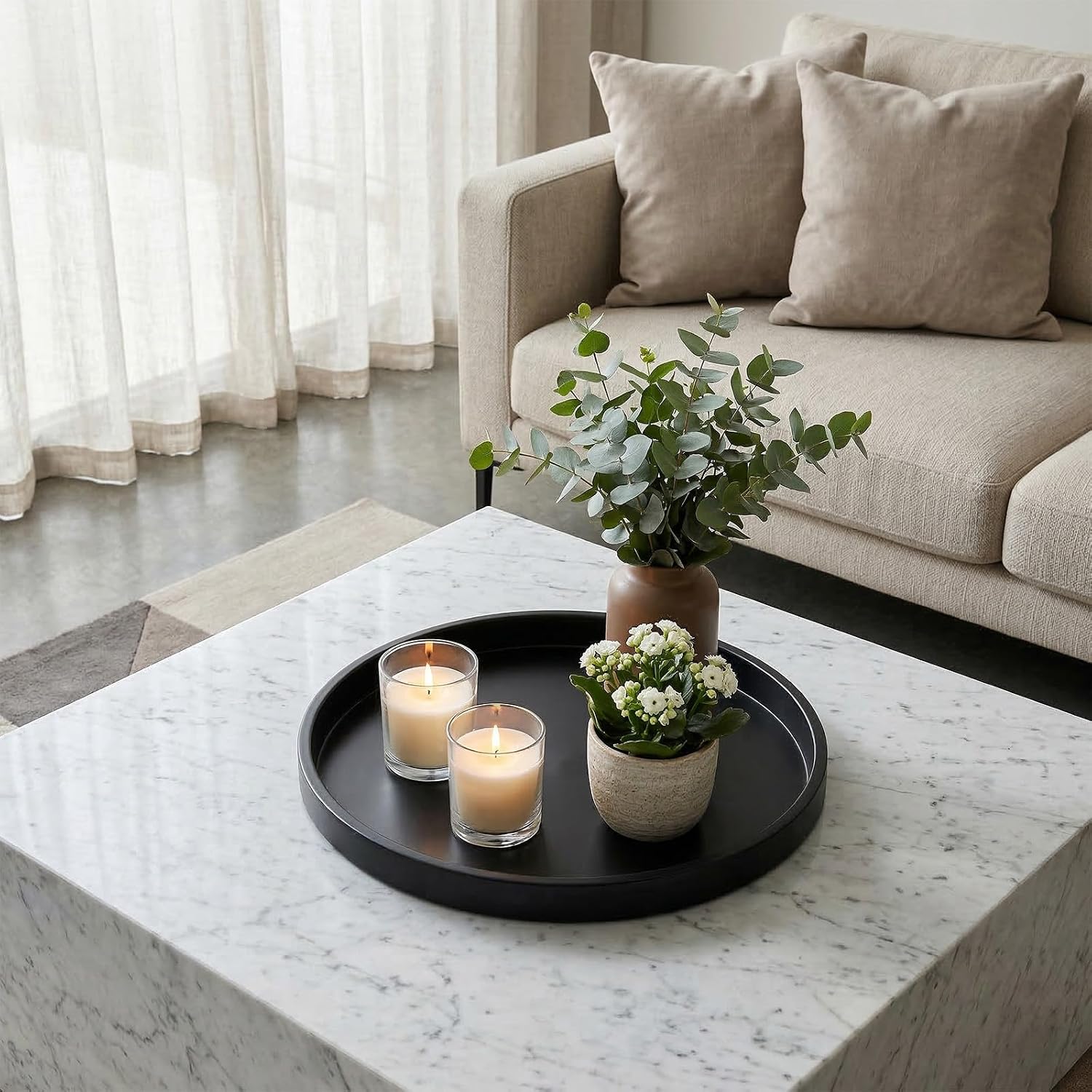 Round Black Metal Candlestick Tray, Round Decorative Tray, Candle Holder Trays for Wedding Table, Dinning Table Decorations Candle Holder Plate Black Rounds Decorative Serving Tray(11.4 inches)