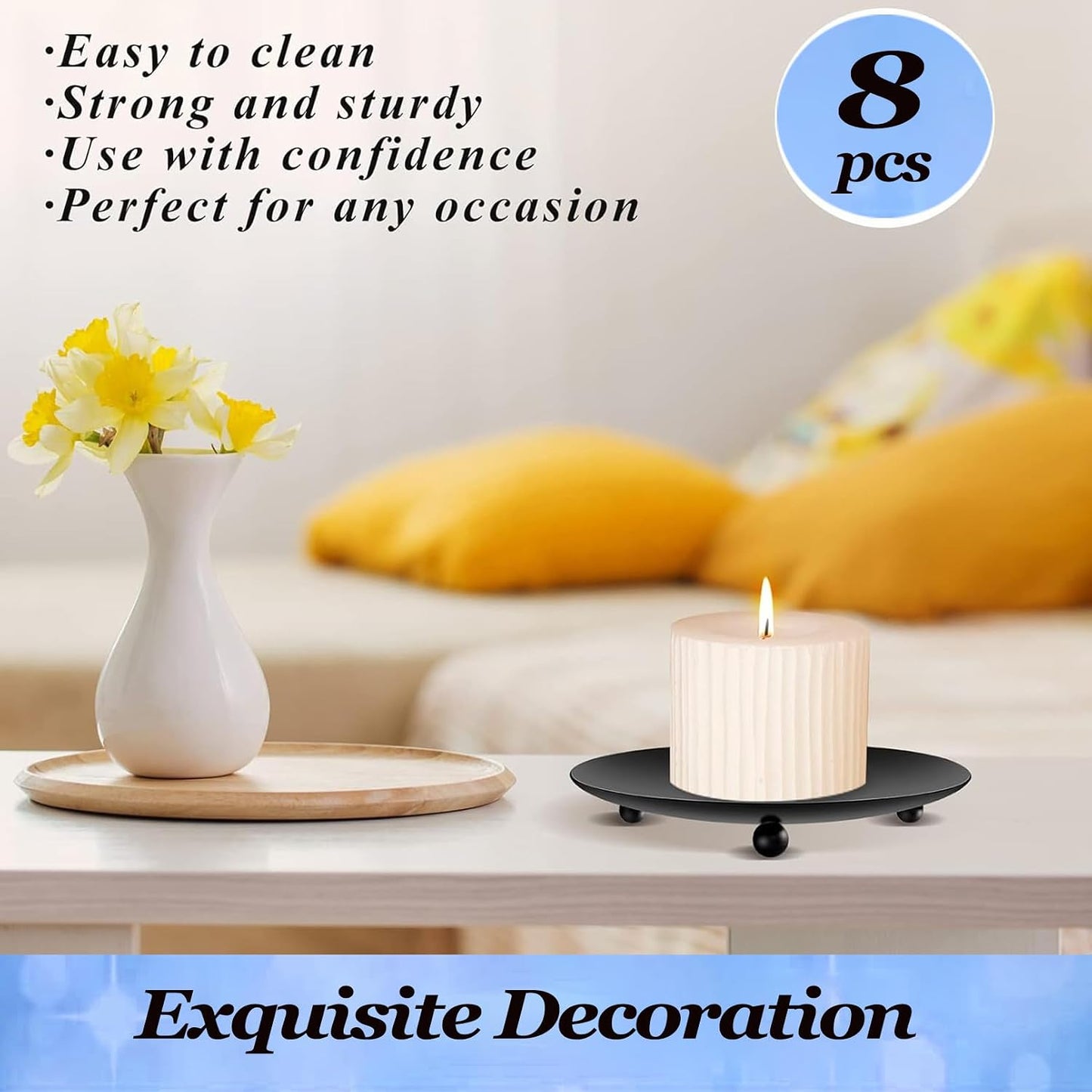 8PCS Black Candle Holder Iron Plate, 4'' Stand for LED & Wax Candles, Decorative Pillar Plate for Incense Cones, Spa, Weddings, Party