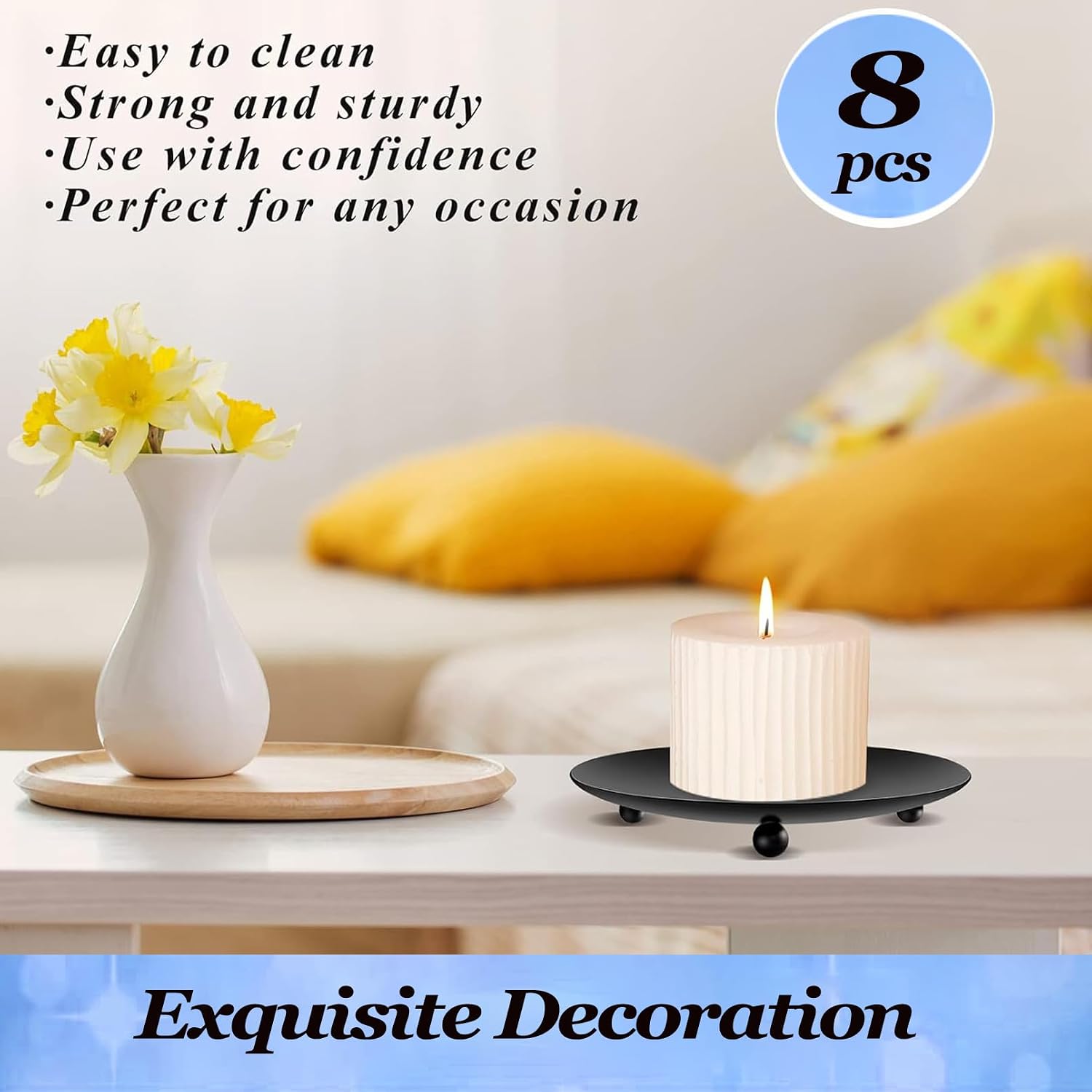 8PCS Black Candle Holder Iron Plate, 4'' Stand for LED & Wax Candles, Decorative Pillar Plate for Incense Cones, Spa, Weddings, Party
