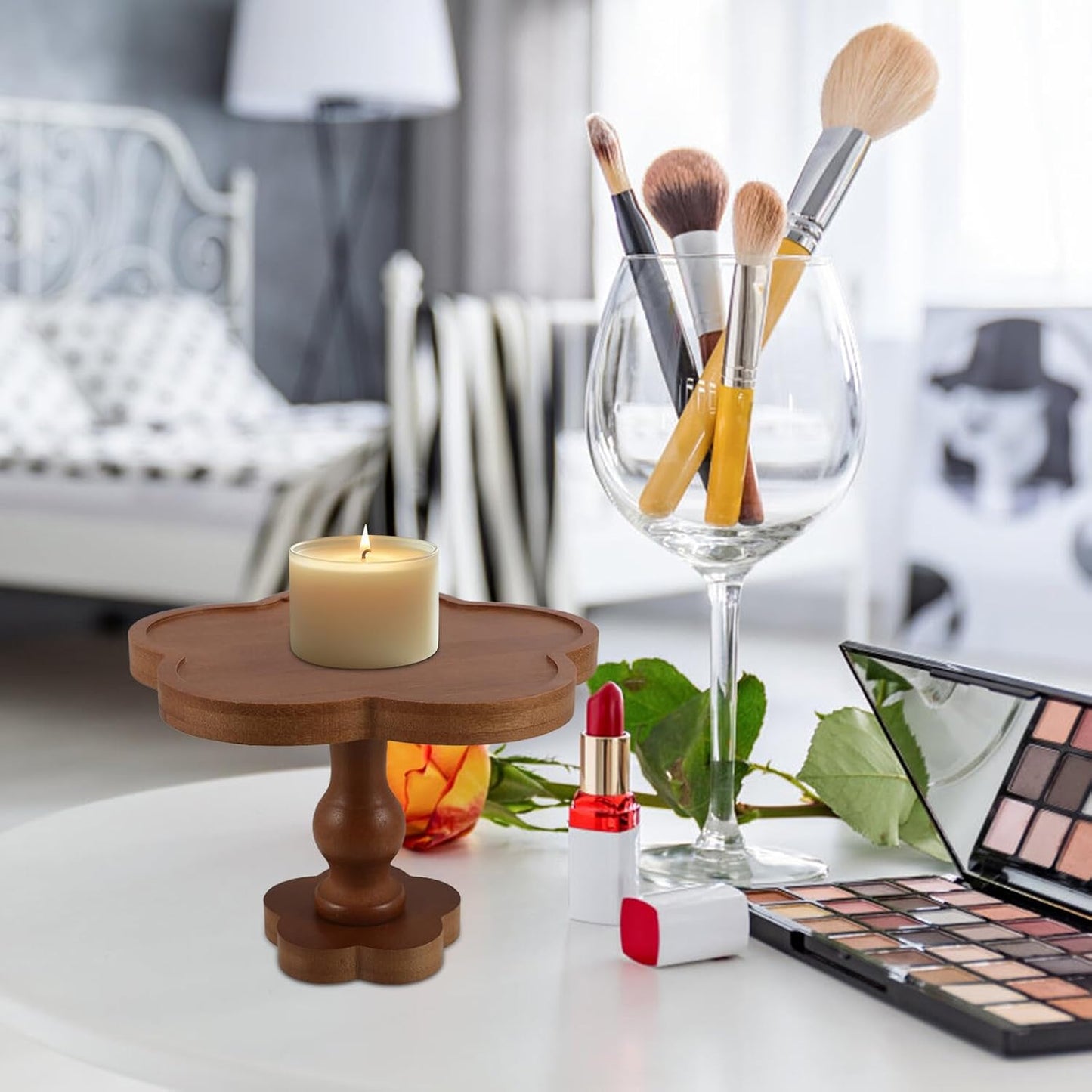 Wood Flower-Shaped Aromatherapy Candle Tray 19x13cm, Footed Decorative Wooden Jewelry and Fruit Bowl for Home Vanity and Desk Display