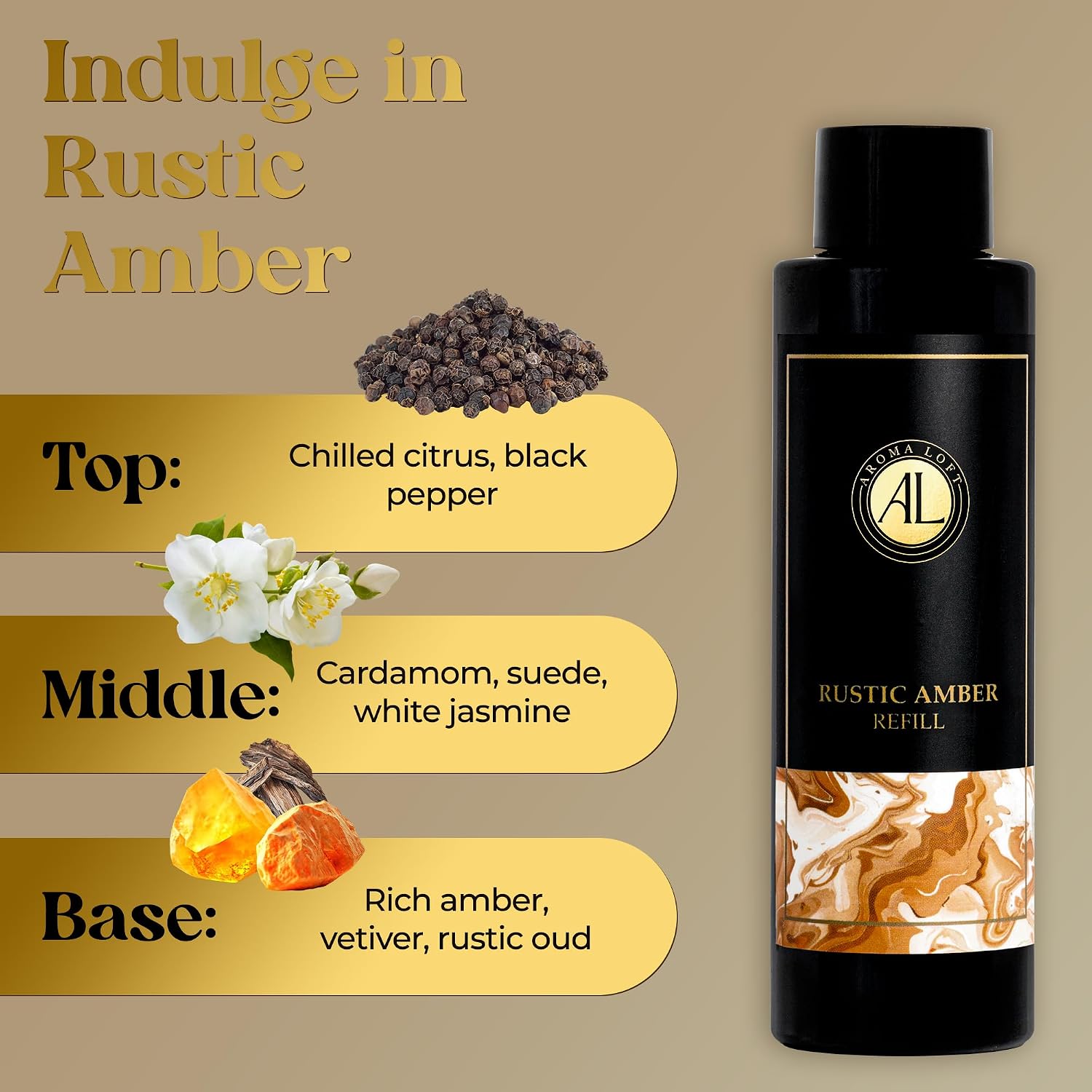 Rustic Amber Reed Diffuser Oil Refill for Home | Premium 4oz Amber Essential Oil for Reed Diffuser Refill | Long Lasting Fragrance | Ideal for Living Room, Bathroom & Office