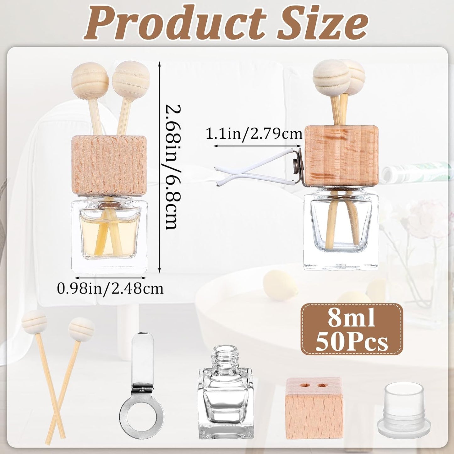 50 Pcs Glass Car Air Freshener Vent Clip Empty Essential Oil Diffuser Bottle Auto Glass Perfume Diffuser with Vent Clip Wooden Cap and Stick for Car Fragrance Ornament (Clear)
