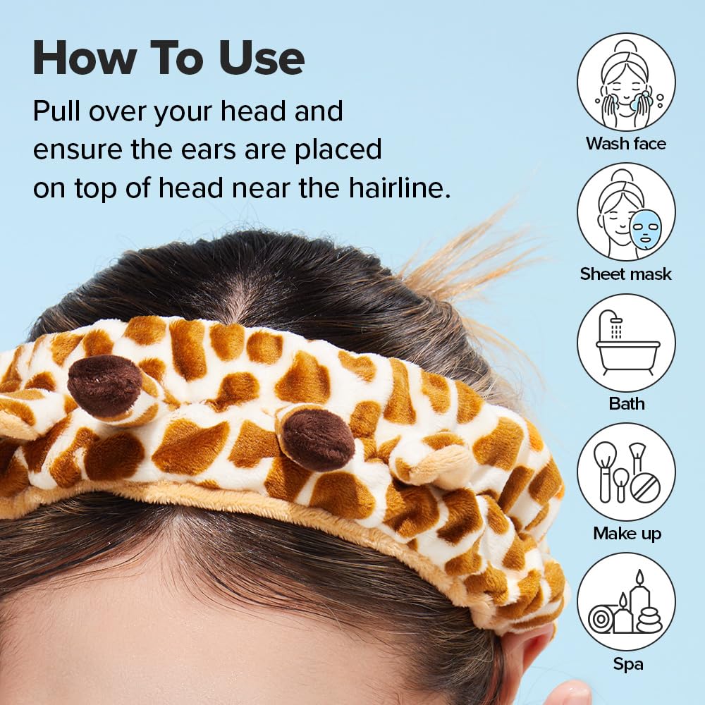 I DEW CARE Face Wash Headband - Giraffe Headband | Adorable Design, Perfect for Cleansing, Bath, Makeup and Spa, 100% Microfiber, Reusable, 1 Count