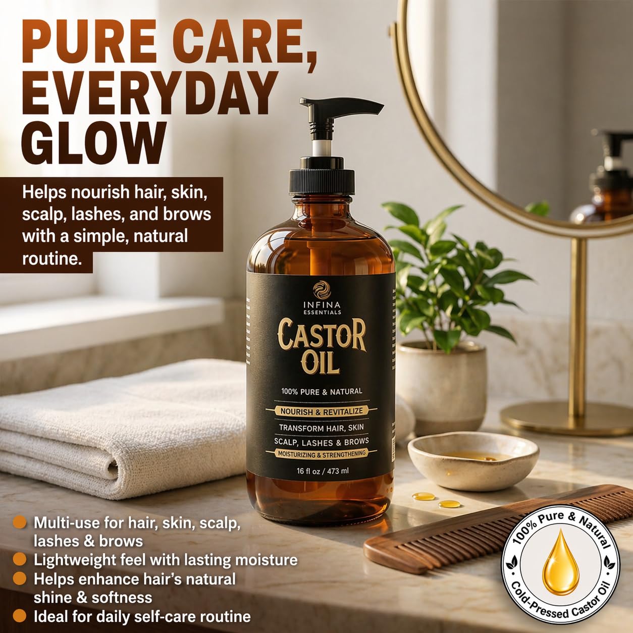 INFINA ESSENTIALS Pure Cold Pressed Castor Oil - Hexane Free, Glass Bottle for Hair Growth, Face, Scalp, Skin & Eyelashes - Nourishing and Moisturizing - 16 fl oz