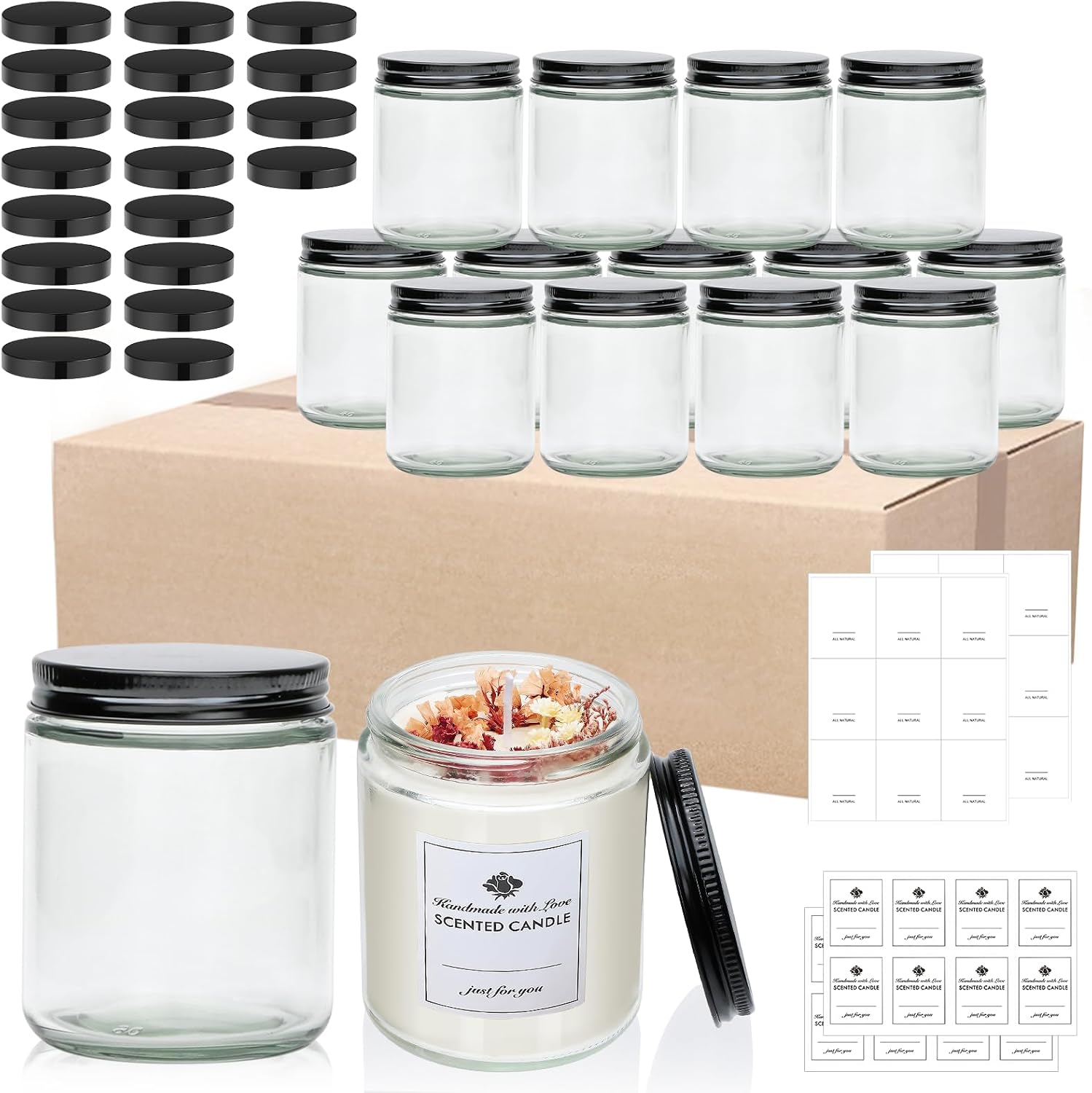 Maredash 16 Pack 8 OZ Glass Jars with Lids gift for women,Candle Jars,Glass Jar for Candles, Samples, Spices, Powders