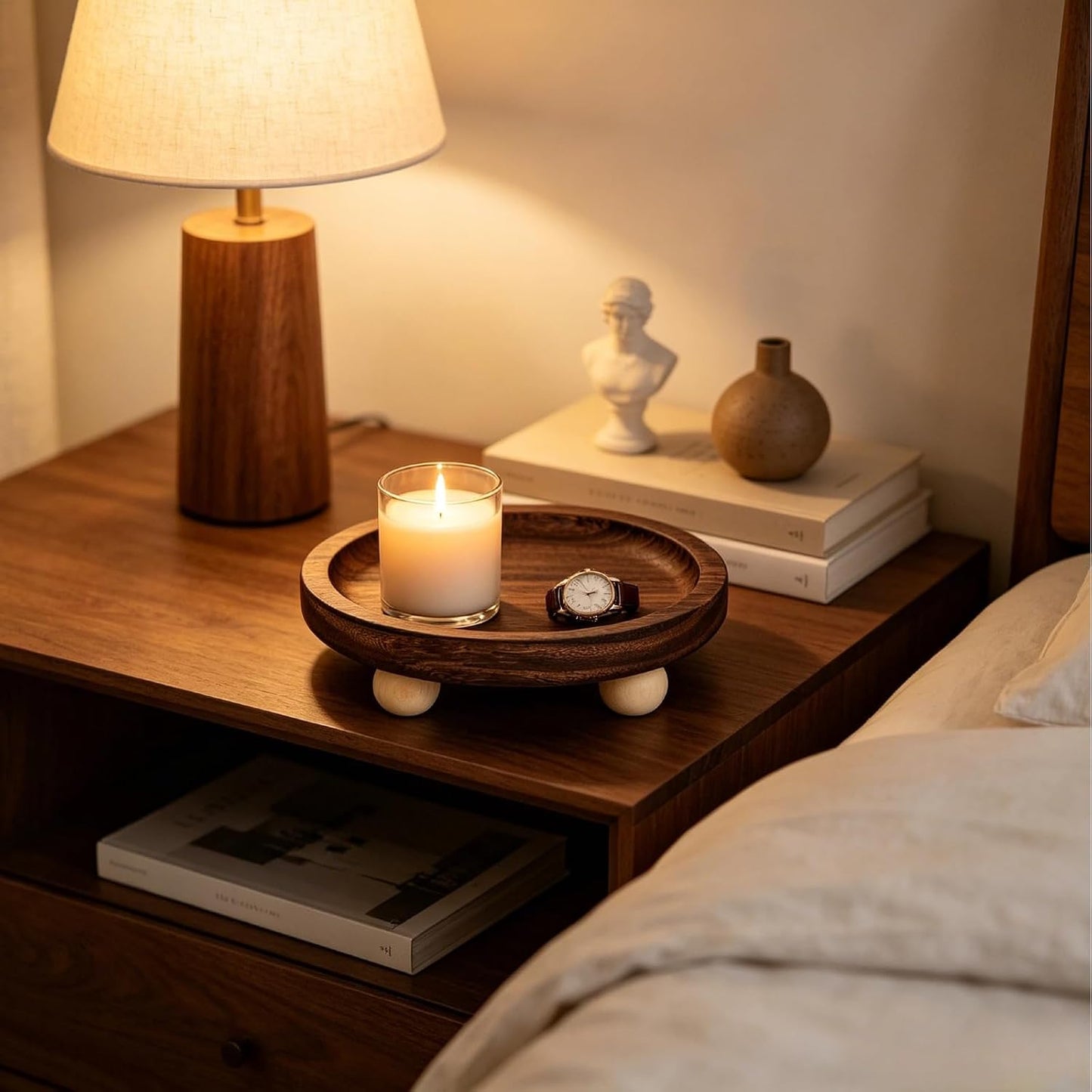 Round Wooden Jewelry Tray with Elevated Ball Feet, Rustic Trinket Ring Dish for Vanity, Keys Candles Small Decor Storage Organizer (Brown-Round)