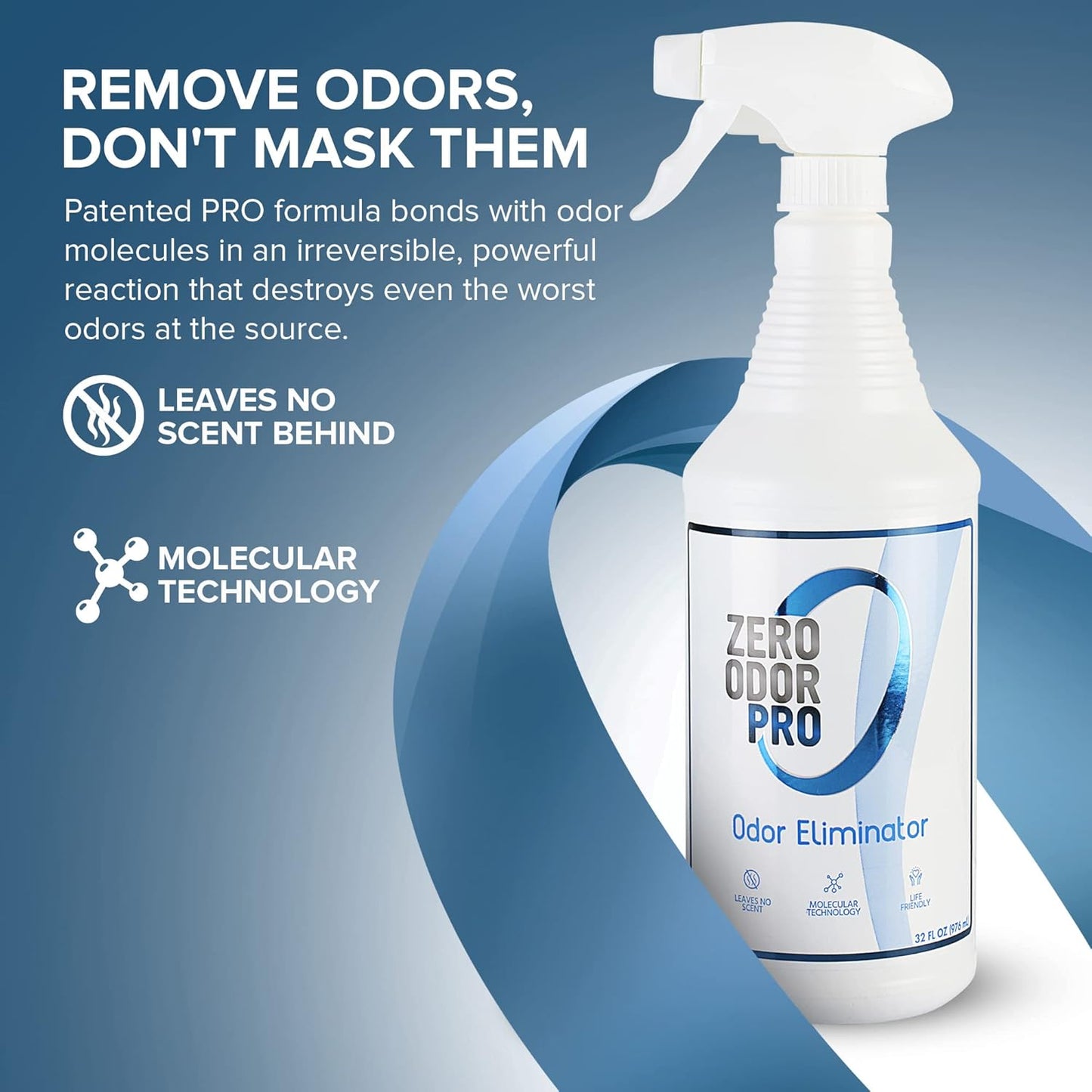 Zero Odor Pro Commercial Strength Odor Eliminator, Room Deodorizer and Air Freshener, Trigger Spray, 32 oz, White/Blue