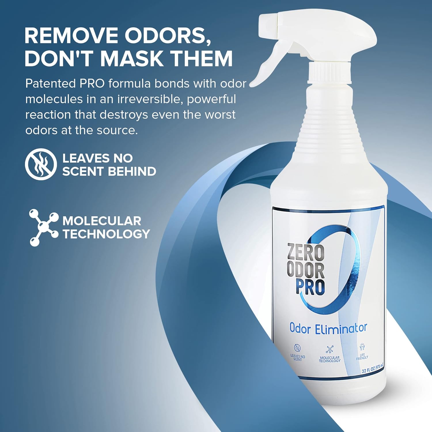 Zero Odor Pro Commercial Strength Odor Eliminator, Room Deodorizer and Air Freshener, Trigger Spray, 32 oz, White/Blue