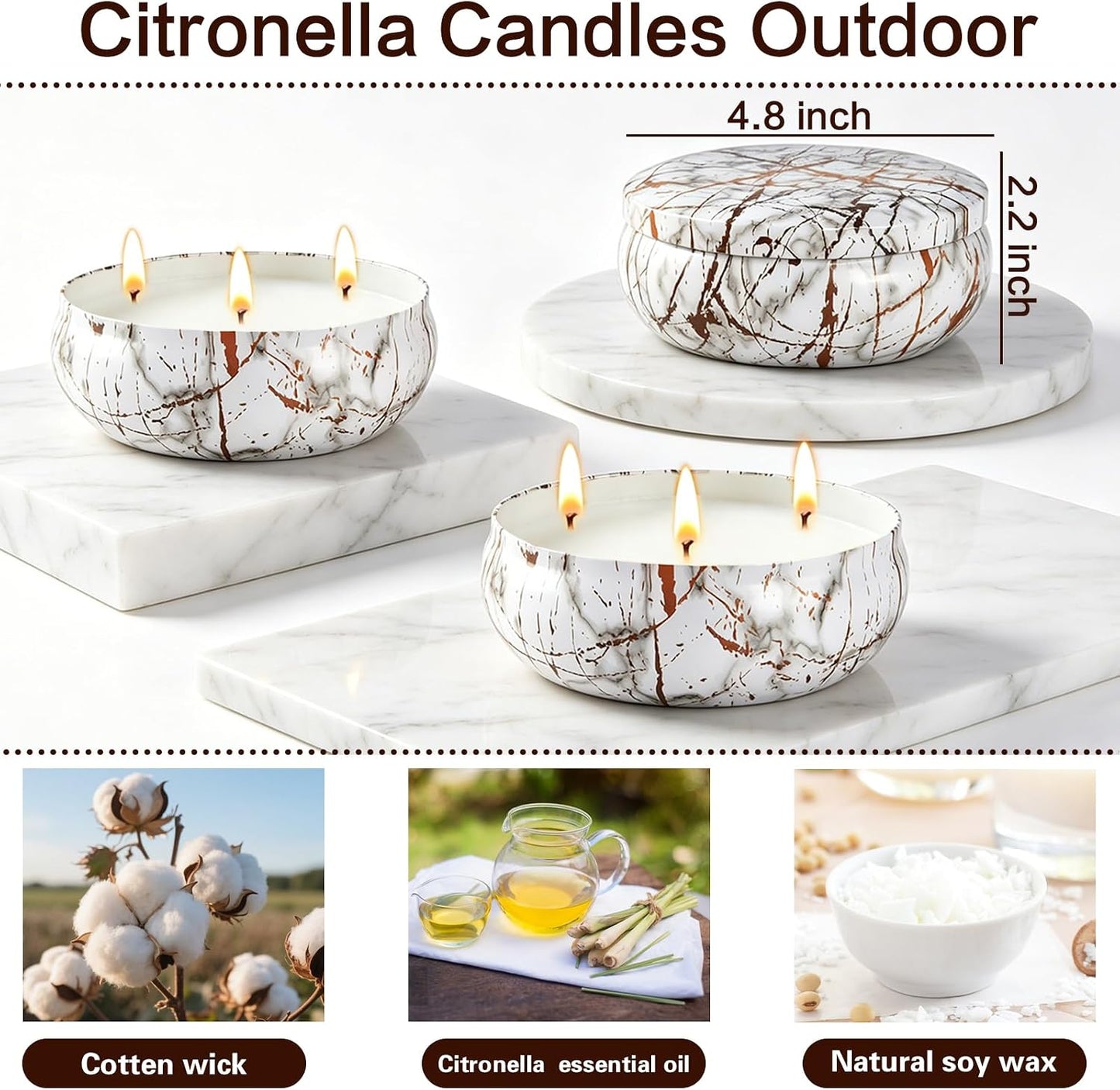 Citronella Candles Outdoor, 3 Pack Large Citronella Candle for Patio, 12oz, 3 Wick Soy Wax Candle, Long Lasting 240 Hours Total for Backyard Camping Deck Garden, Summer Indoor Outside Home Use