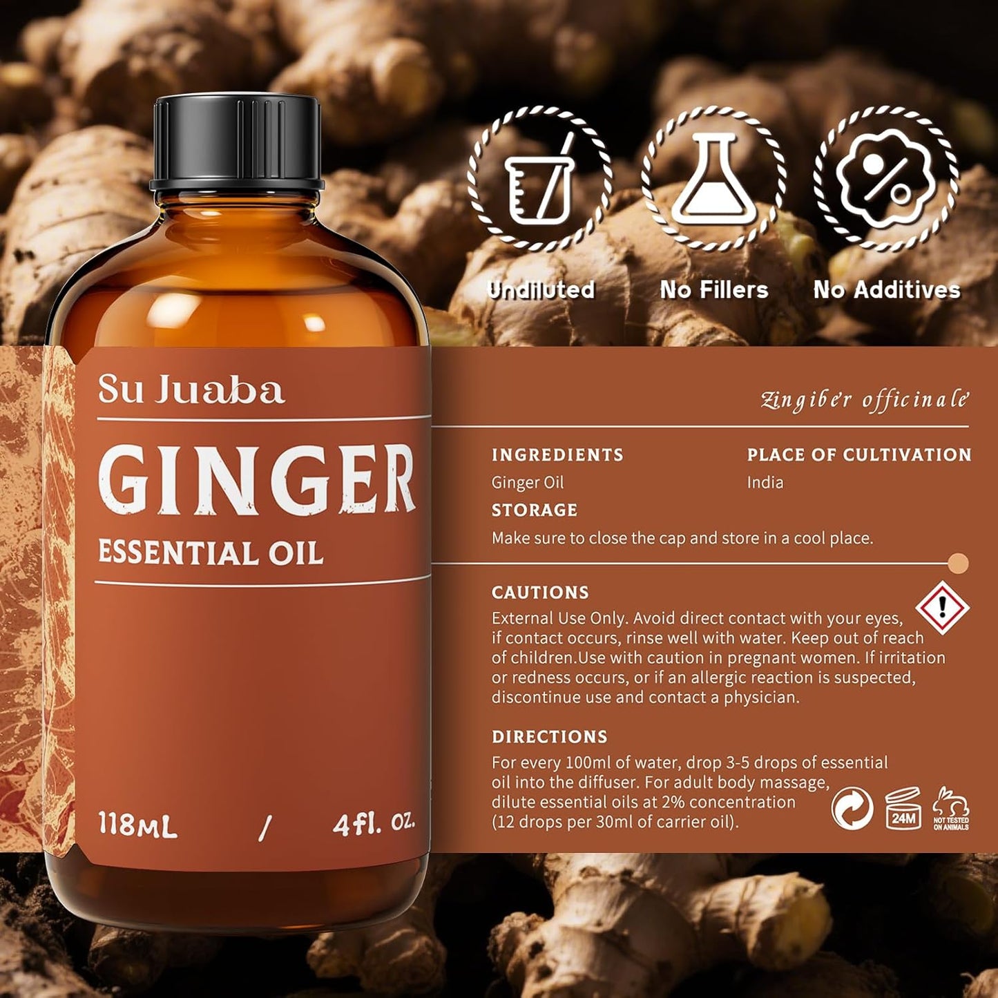 SU JUABA Ginger Oil 4 Fl Oz, 100% Pure Natural for Massage, Diffuser, Aromatherapy, Hair & Skin Care - 118ML