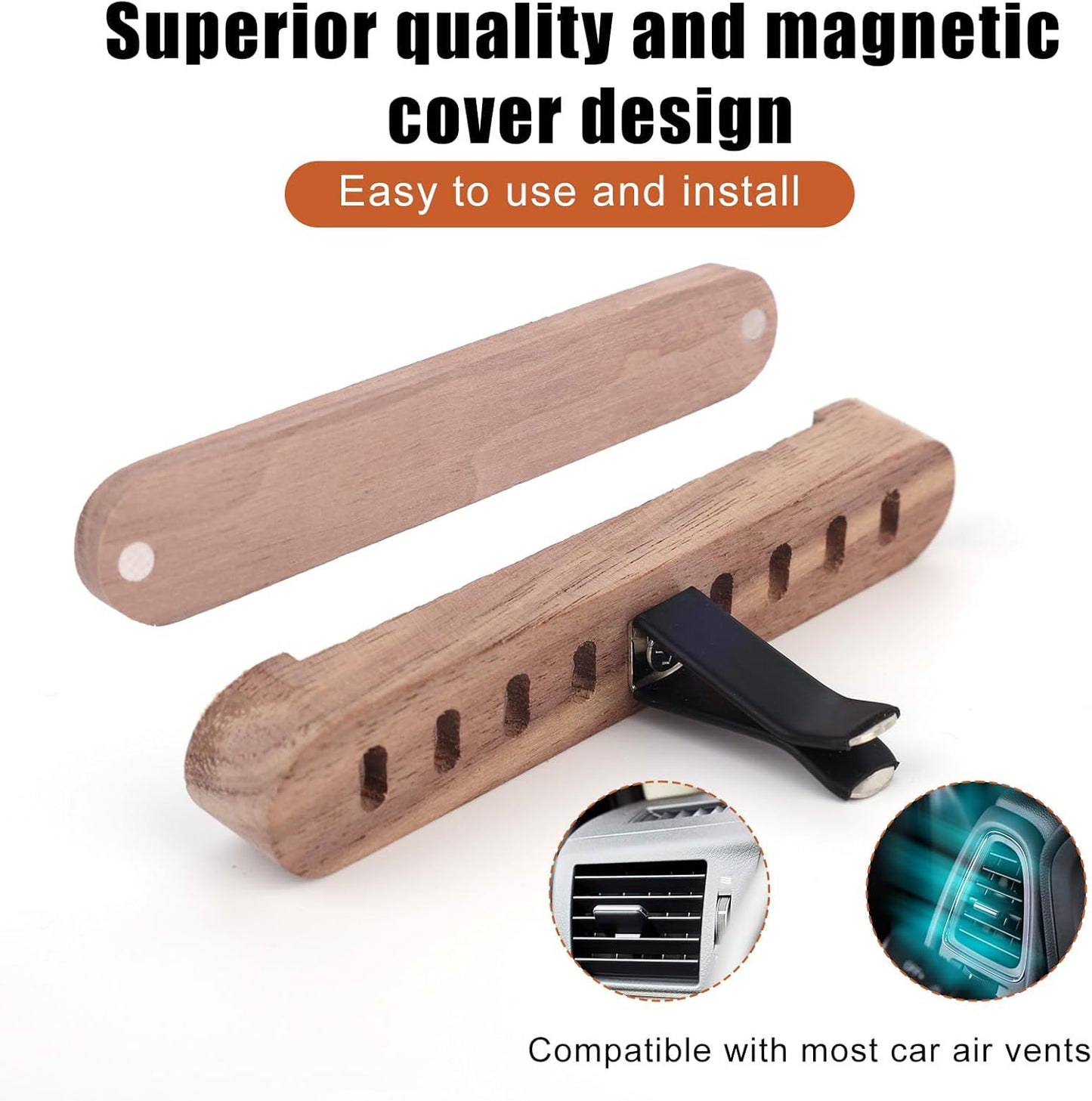 2pcs Wood Air Freshener Clips for Cars, Magnetic Car Air Vent Essential Oil Perfume Clip with 8 Unscented Absorbing Sticks Refillable Aroma Diffuser Base Holder for Auto Homes Offices Accessories