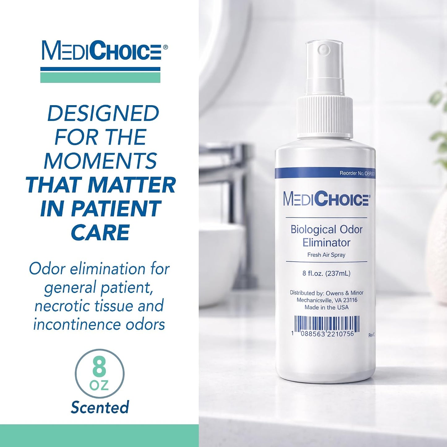 MediChoice Biological Odor Eliminator Spray, 8 Oz Fresh Scent Pump Bottle - Dye Free, Quick Drying, Ideal for Fabric, Skin, Hair - Odor Neutralizer for Home, Hospital, Health Care Clinic