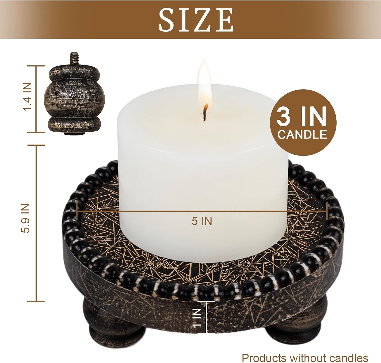 Farmhouse Round Wood Tray Riser, Pedestal Stand with Beaded Edge, Rustic Wooden Candle Trays Decor for Tiered Tray, Candle, Mug Display Decorative, Table Centerpiece, Black Gold