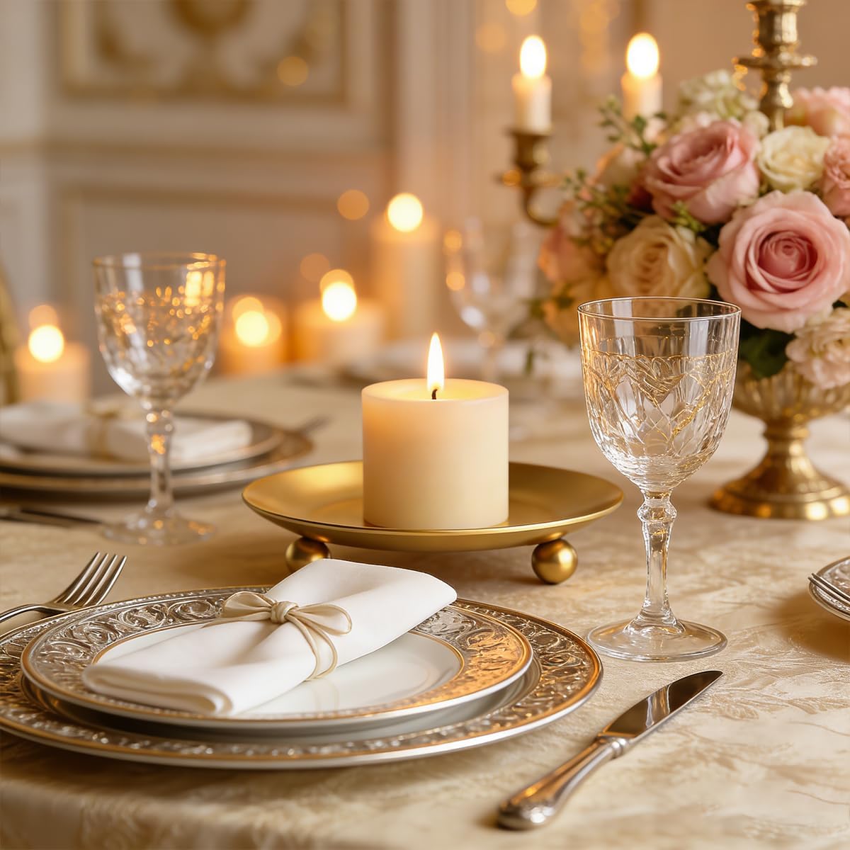 Iron Plate Candle Holders, Gold Candle Tray, Set of 2, Candle Stands Decoration Ideal for Weddings, Parties,Special Events