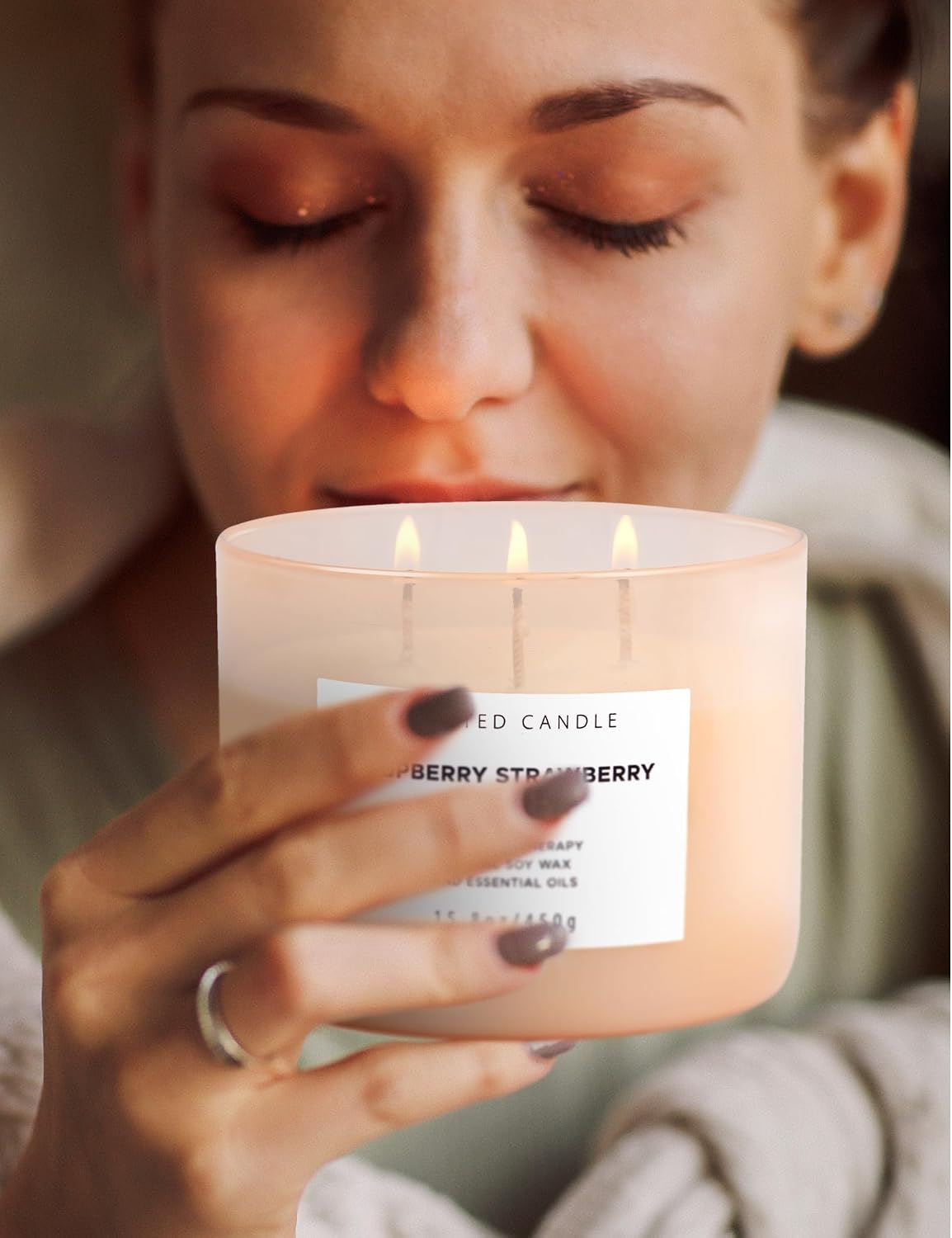 Raspberry Strawberry Vanilla 3-Wick Scented Soy Candle 15.8 oz | Large Sweet Berry Vanilla Scented Candle for Home | Relaxing Aromatherapy Candle | Strong Throw & Long Lasting