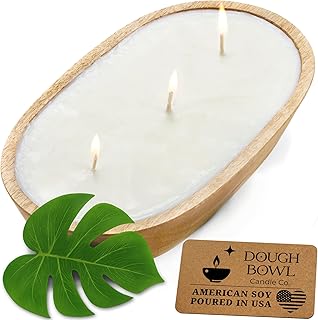 Dough Bowl Candle Co. Santal and Coconut Soy Candle - 3 Wick Rustic Farmhouse Coffee Table Decor, Odor Eliminator in Wooden Bowls, 20 Oz Wooden Dough Bowl Candle, All-Natural Gifts for Women and Men