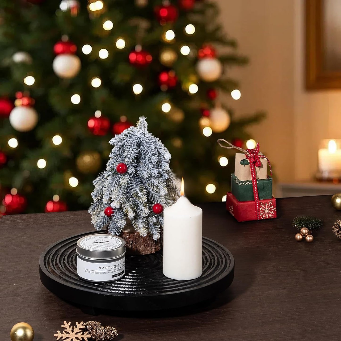 Round Decorative Tray Farmhouse Bathroom Decor Wood Riser Kitchen Countertop Organizer for Perfume, Candle, Plant, 9 inch Black