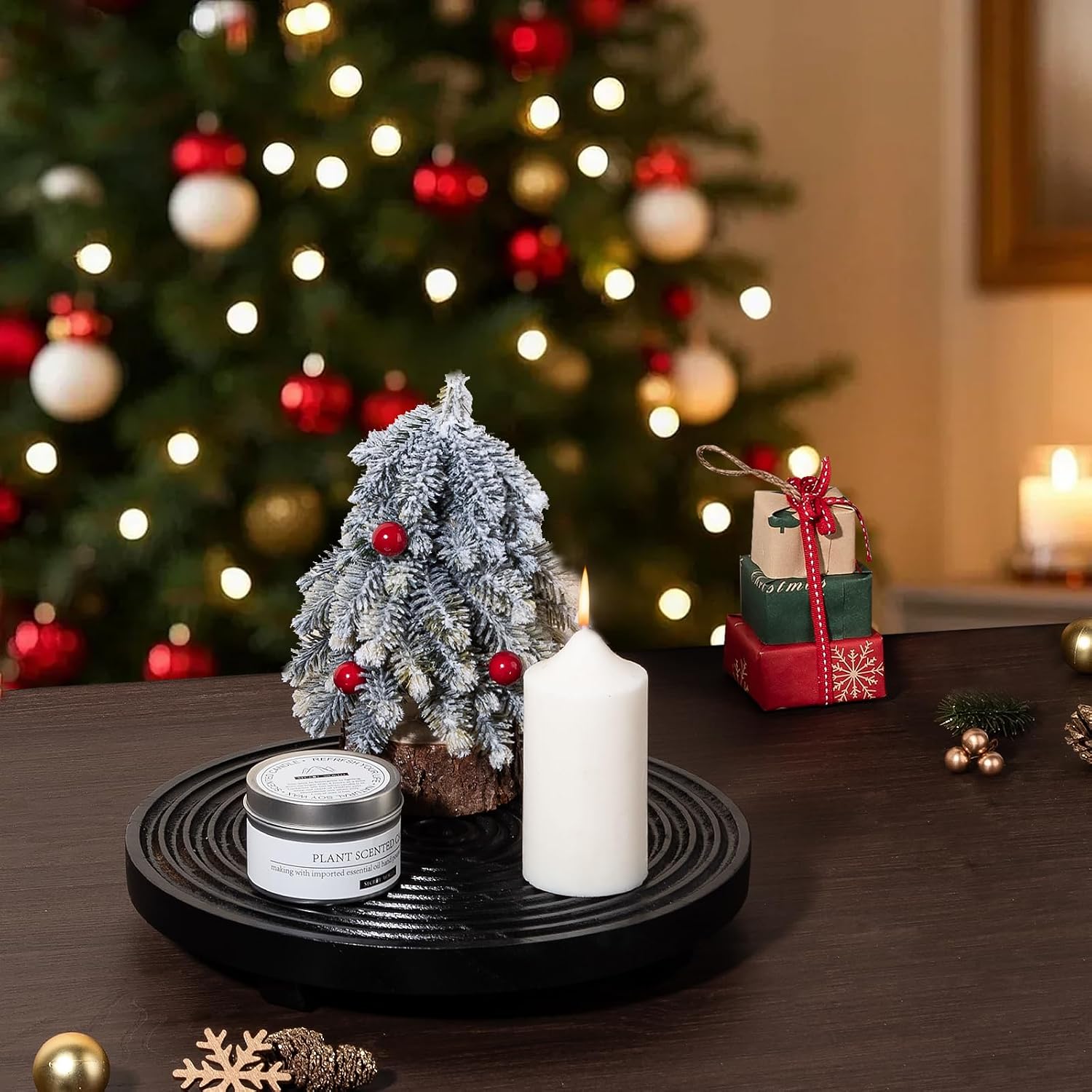 Round Decorative Tray Farmhouse Bathroom Decor Wood Riser Kitchen Countertop Organizer for Perfume, Candle, Plant, 9 inch Black