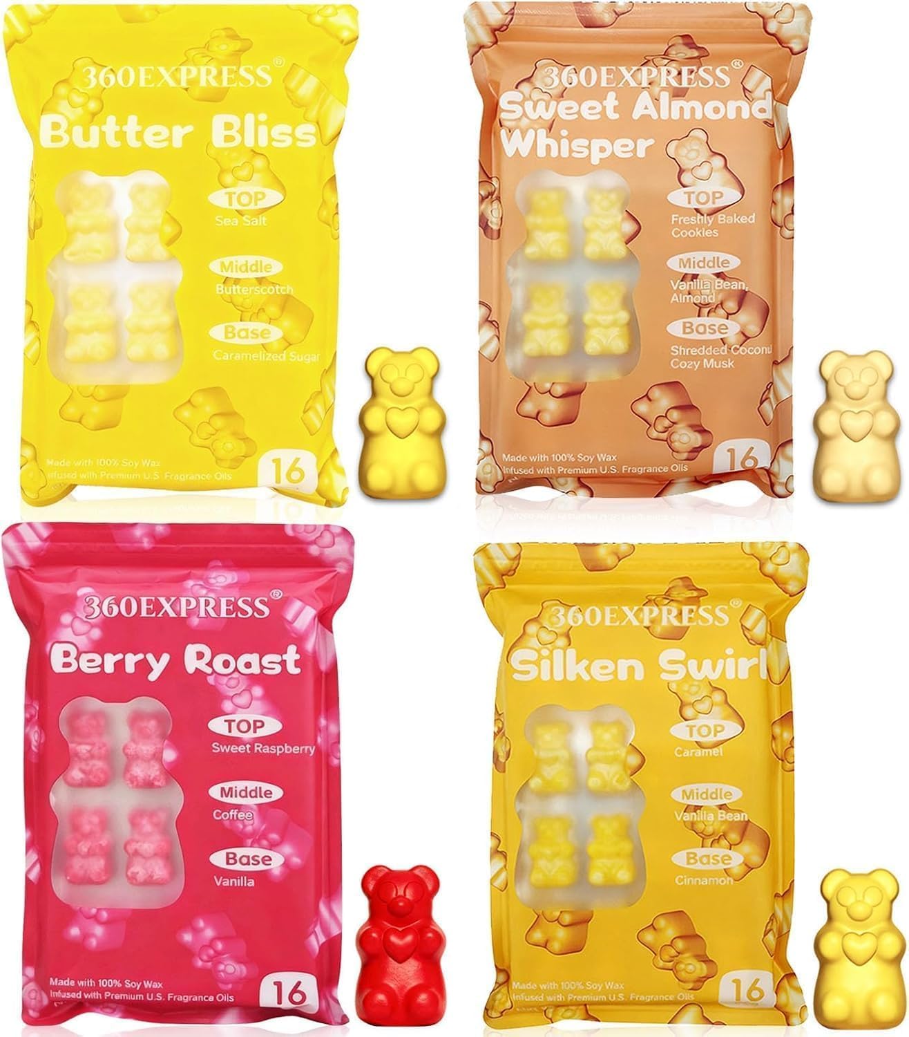 Wax Melts Variety Pack - 64 Bear Shaped Soy Wax Tarts with US Essential Oils - Includes Silken Swirl, Sweet Almond Whisper, Berry Roast, Butter Bliss