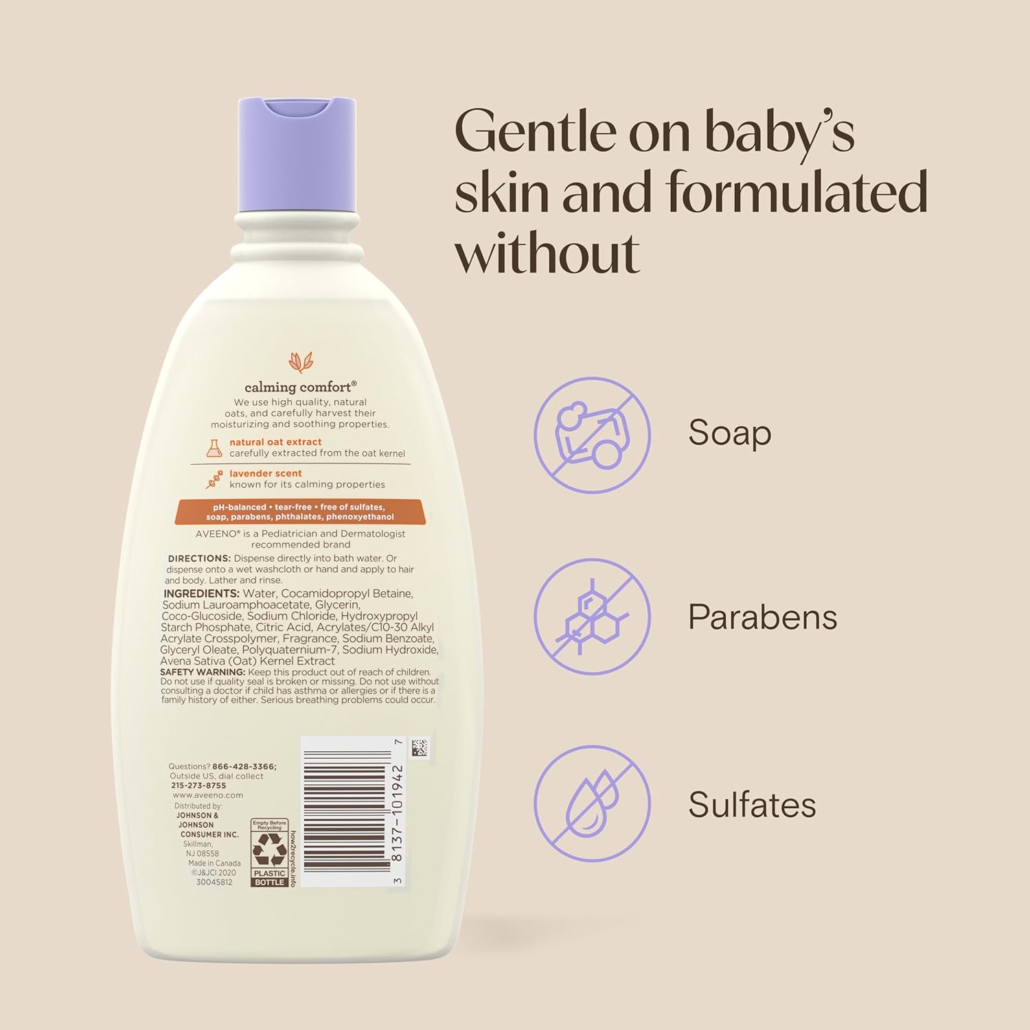 Aveeno Baby Nighttime Calming Comfort Bath, Baby Body Wash for Skin & Hair with Natural Oat Extract, Soothing Lavender & Vanilla Scent, Tear-Free Formula, No Added Parabens & Phthalates, 18 Fl Oz