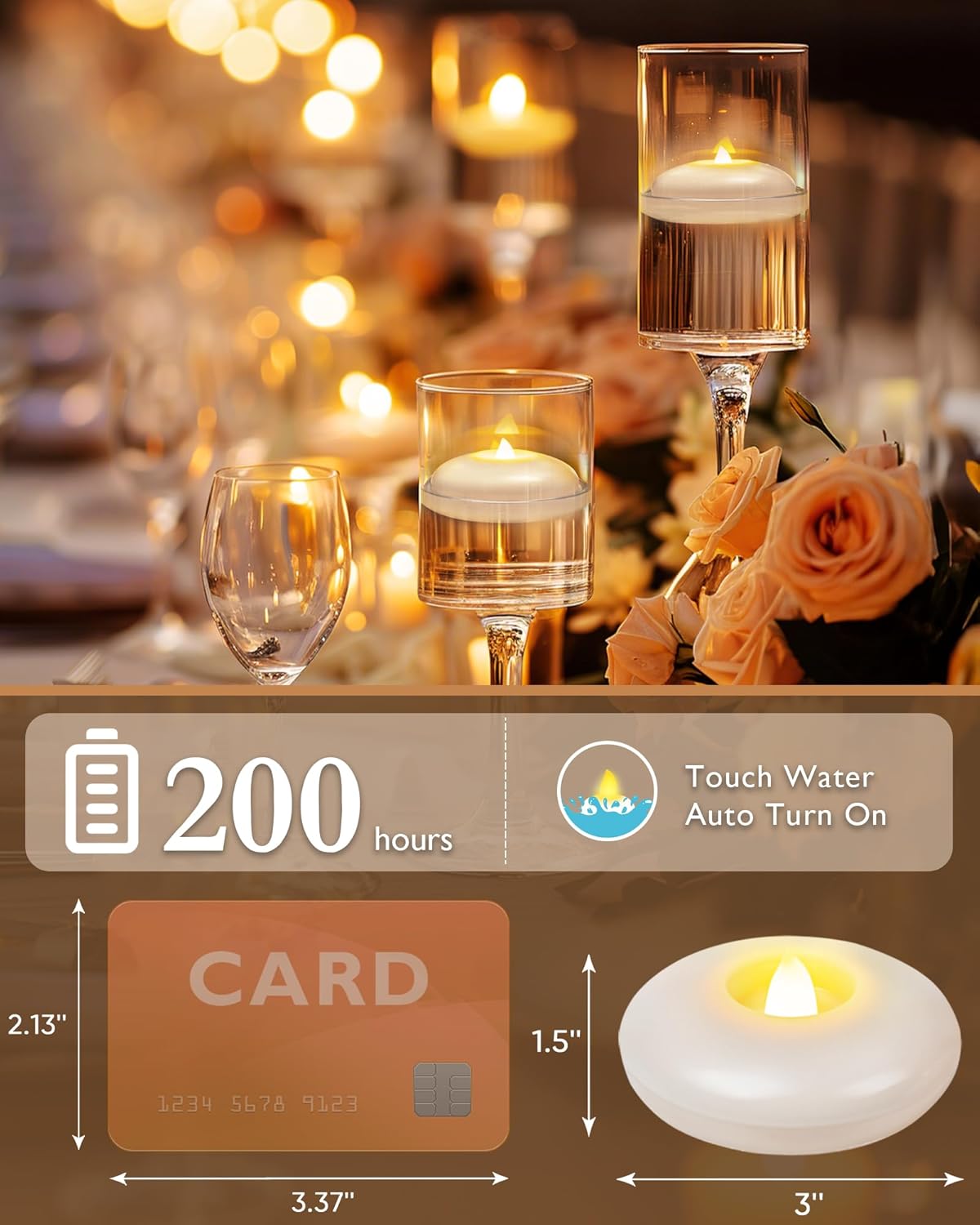 Homemory 48 Pack 3” Flameless Led Floating Candles, 200 Hour White Battery Operate Waterproof Tealights for Cylinder Vases, Centerpieces at Wedding Decor, Party, Pool