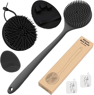Manmihealth Silicone Back Scrubber & Soft Bath Glove Set 4 PCS(Thick Bristles), Super-Exfoliating Body Scrubber & Super-Lathering Shower Brush Combination, with 2 Adhesive Hooks (Black)