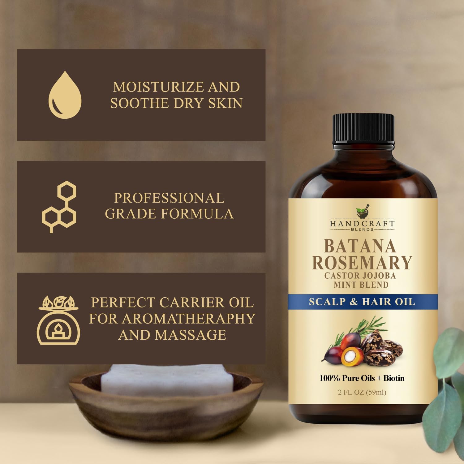 Batana & Rosemary Hair Oil – 2 Fl Oz – Scalp Treatment & Strengthening for Thinning, Dry Scalp, Split Ends – Natural Hair Oil for Women & Men – Intensive Repair & Nourishing Formula