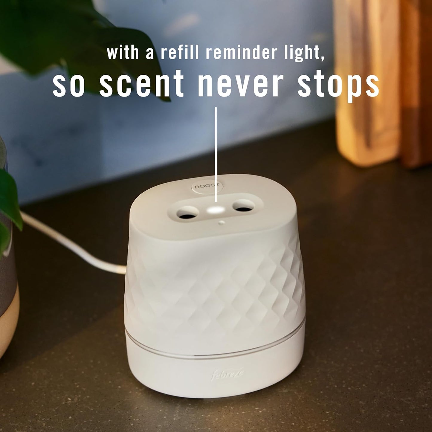 Febreze Plug Scent Booster Starter Kit, Oil Diffuser, Air Freshener Plug in, Continuous Scent Device + 2 Downy Calm Refills