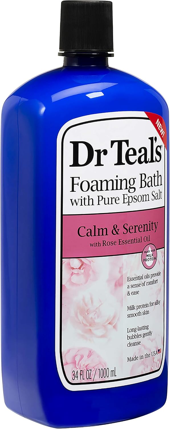 Bundle of Dr Teals Calm & Serenity with Rose Essential Oil (Made with Milk Protein): Pure Epsom Salt Soaking Solution 3 LBS & Foaming Bath 34 FL OZ