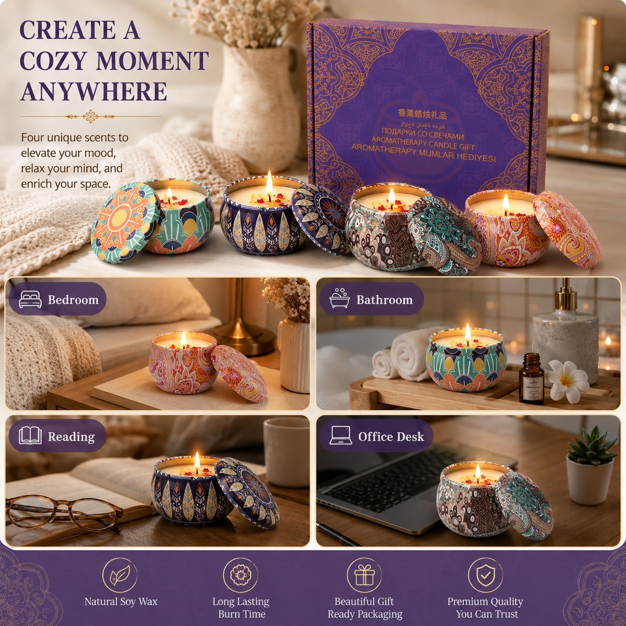 Scented Candles Gift Set for Women, Soy Aromatherapy Candles, 4 Pack | Lavender, lemon, vanilla and white peach soy candles for home decor, bath, yoga, travel, Mother's Day and gifts for women.