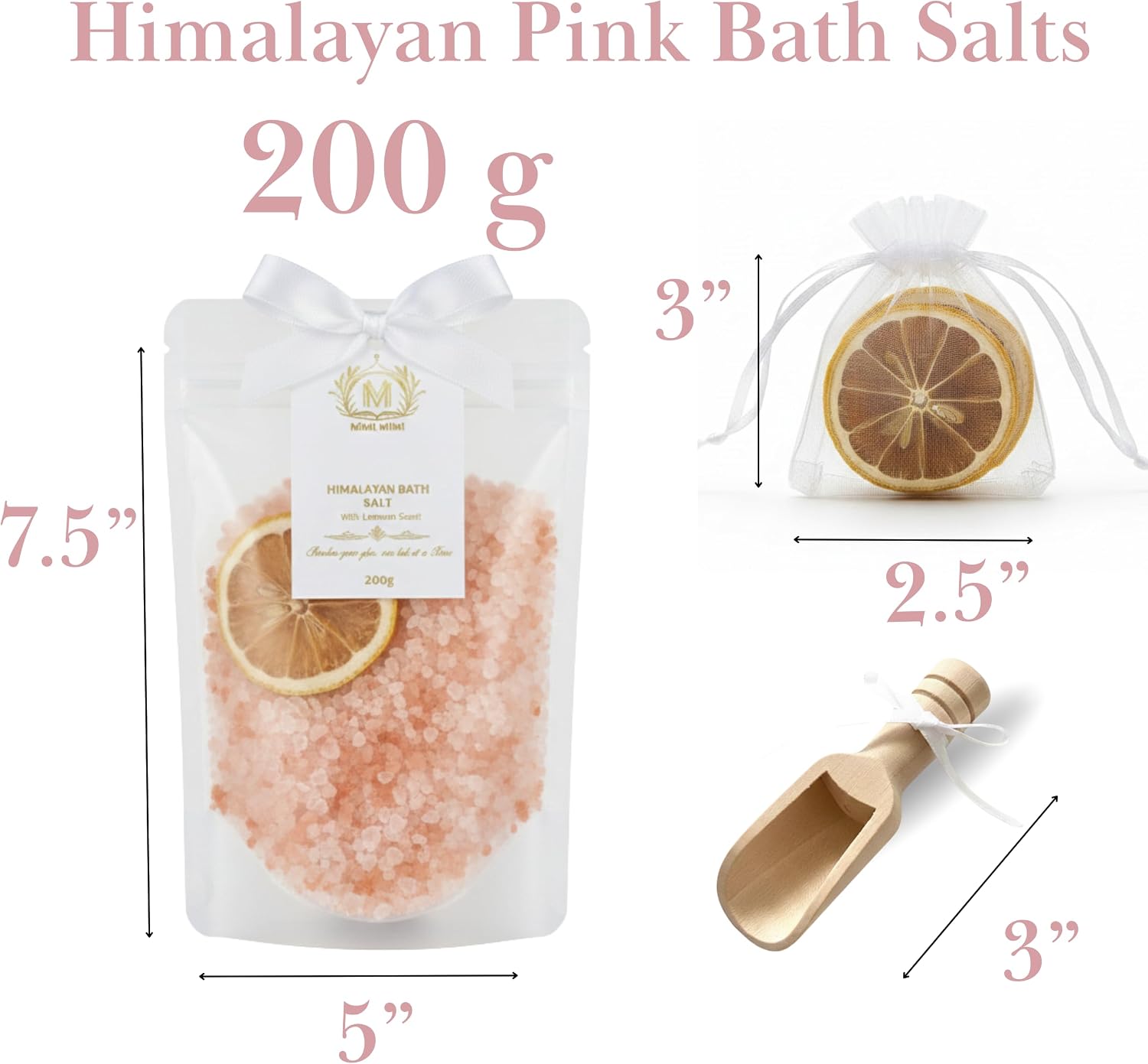 MIMI MIMI Pink Himalayan Bath Salt Gift Set with Rose, Lemon and Lavender - 3 x 200g Bath Salts for Women Relaxing, Natural Aromatherapy Gifts for her, Mineral Bath Soaks, Spa Body Care, Foot Soak.