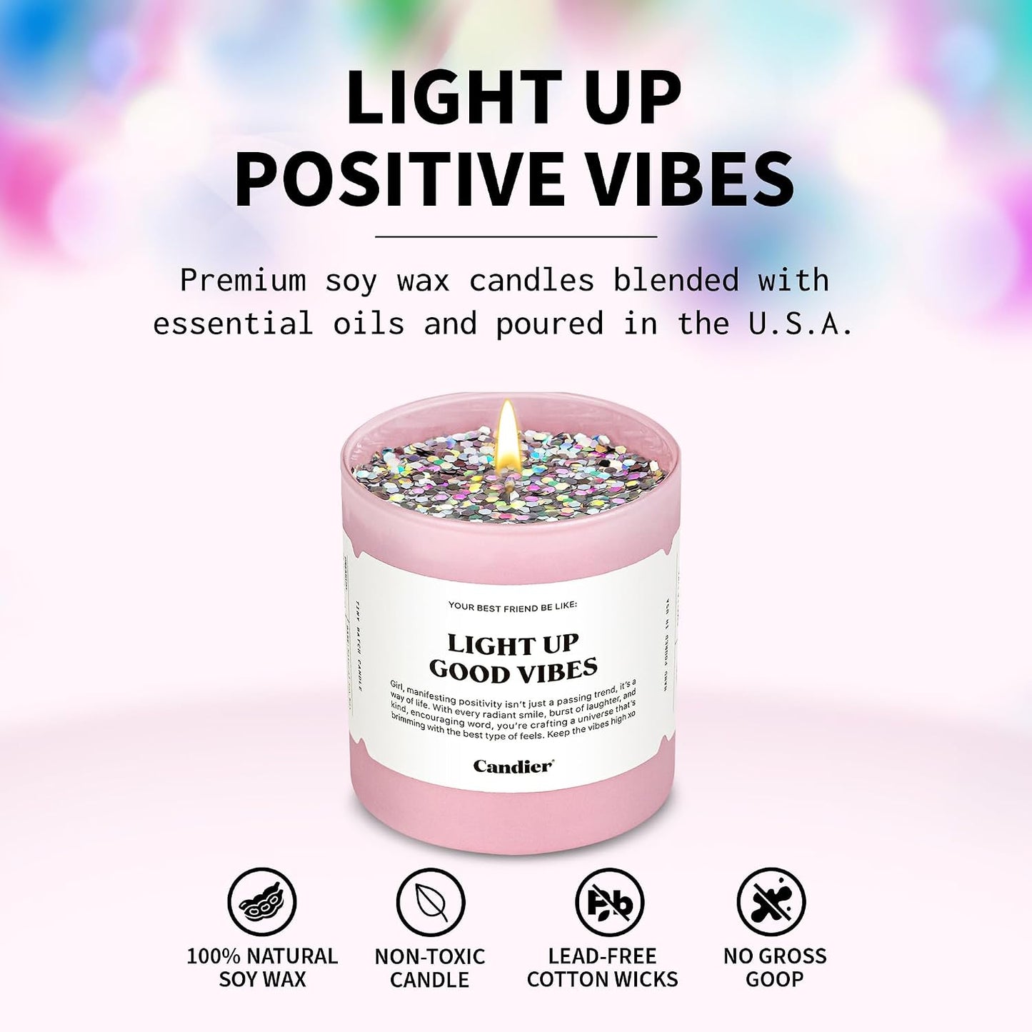 Light Up Good Vibes Candle, Scented Soy Candle with 60+ Hours Burn Time, Vegan-Friendly Pink Candle for Any Occasion, Candles for Women & Men - Candier