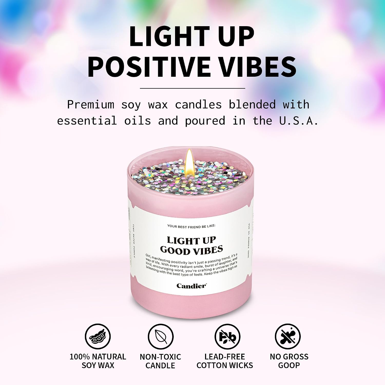 Light Up Good Vibes Candle, Scented Soy Candle with 60+ Hours Burn Time, Vegan-Friendly Pink Candle for Any Occasion, Candles for Women & Men - Candier